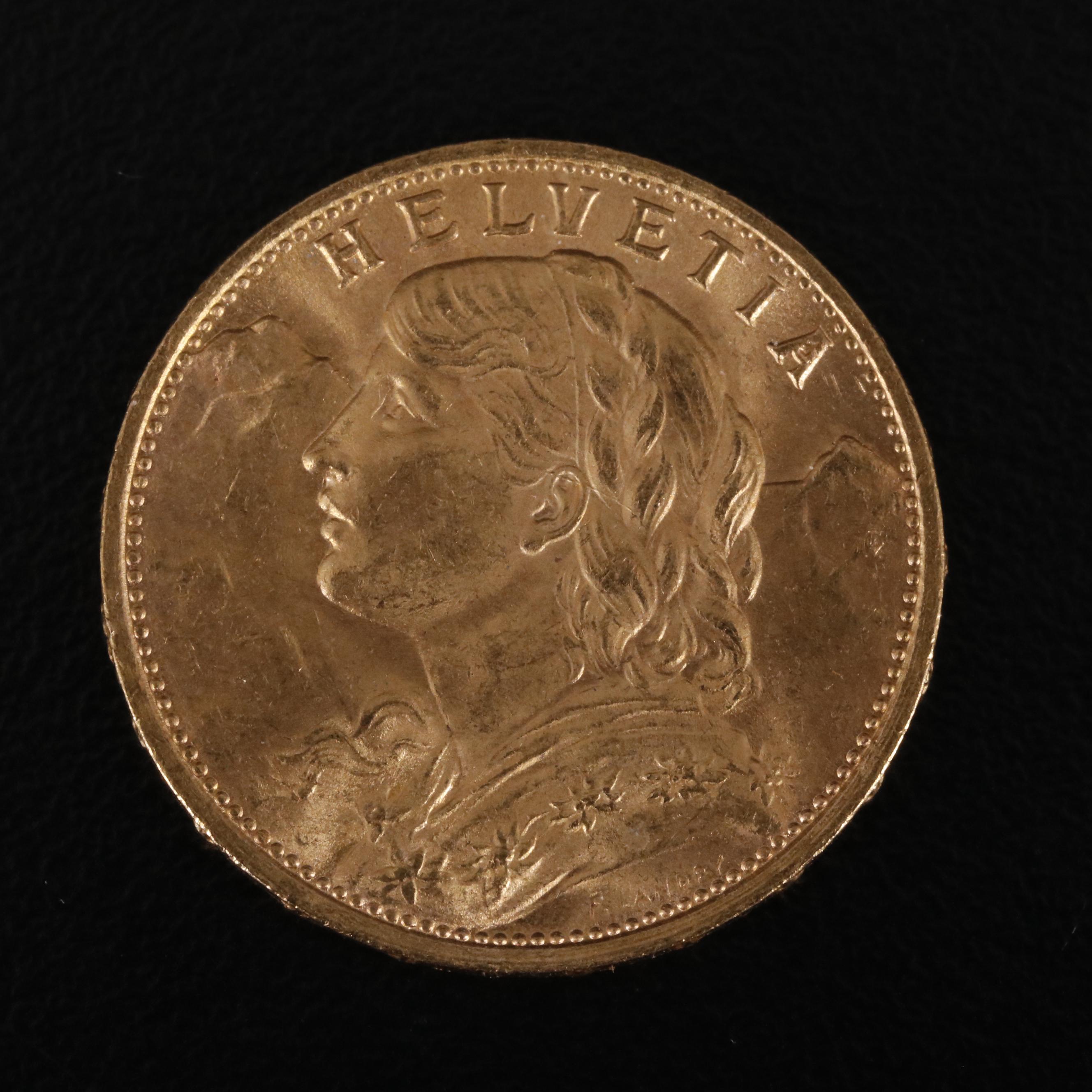1922 B Switzerland Twenty Francs Gold Coin