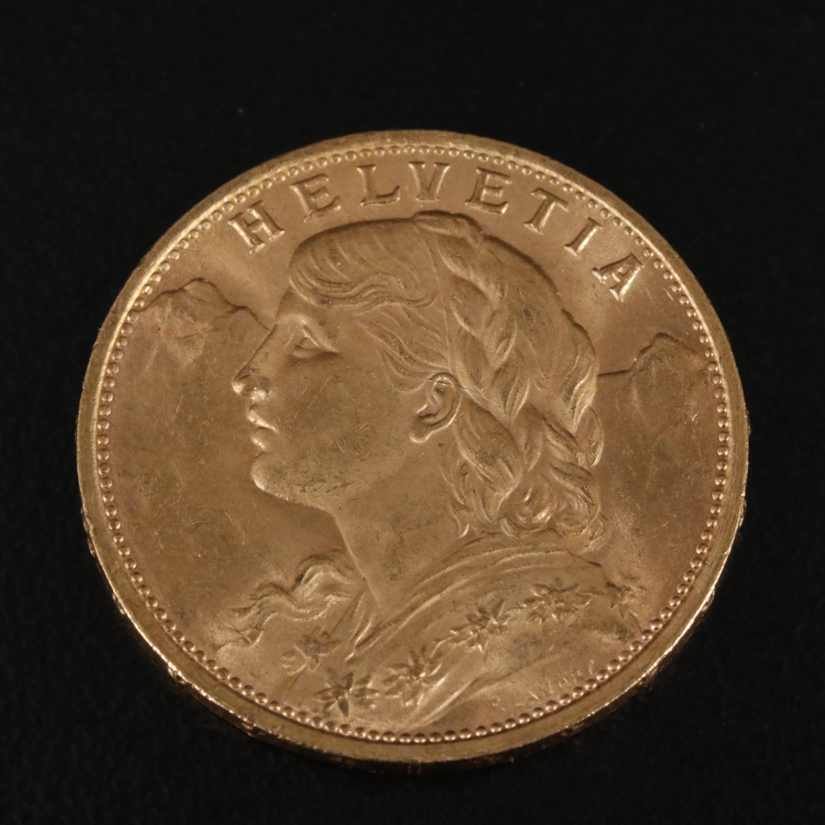 1922 B Switzerland Twenty Francs Gold Coin