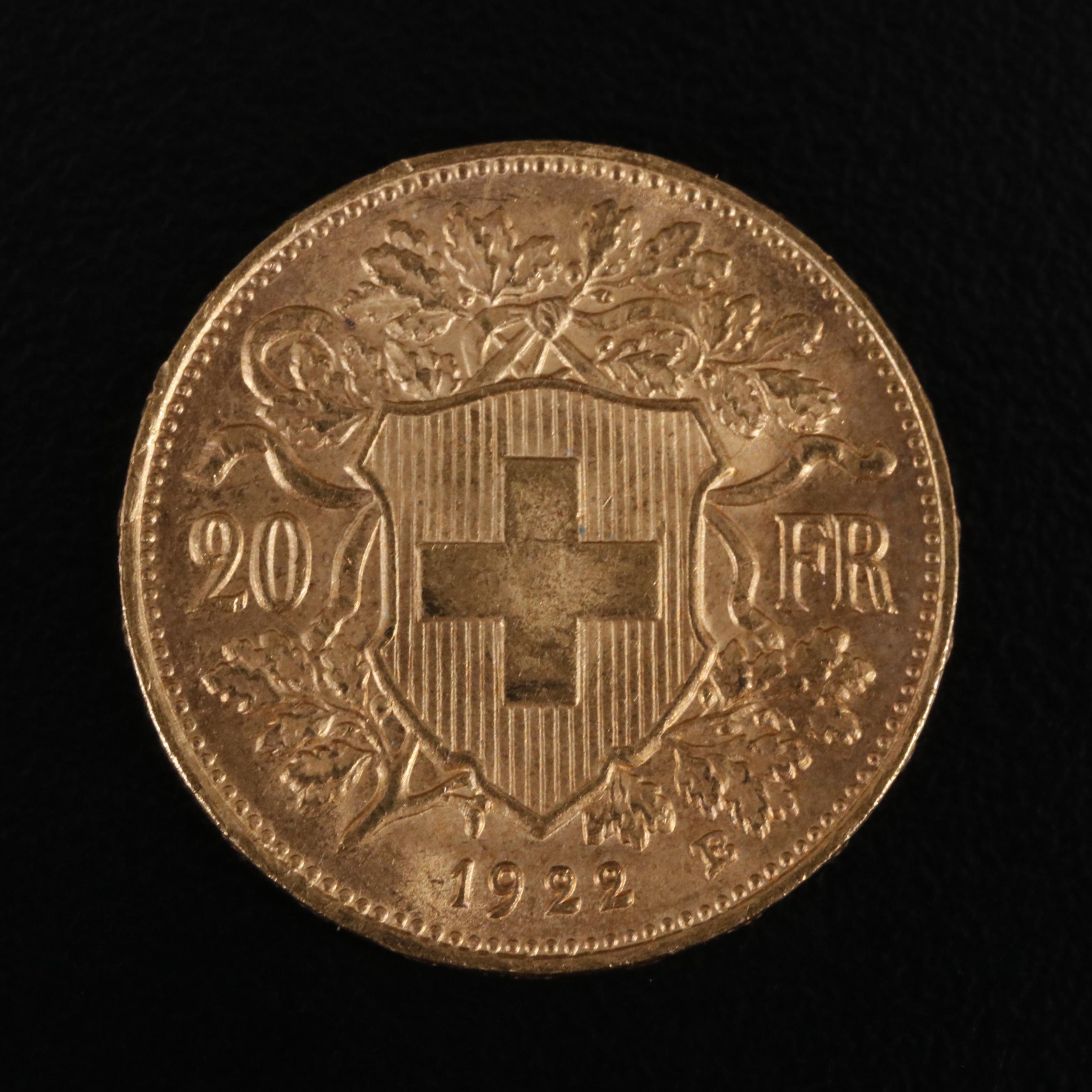 1922 B Switzerland Twenty Francs Gold Coin