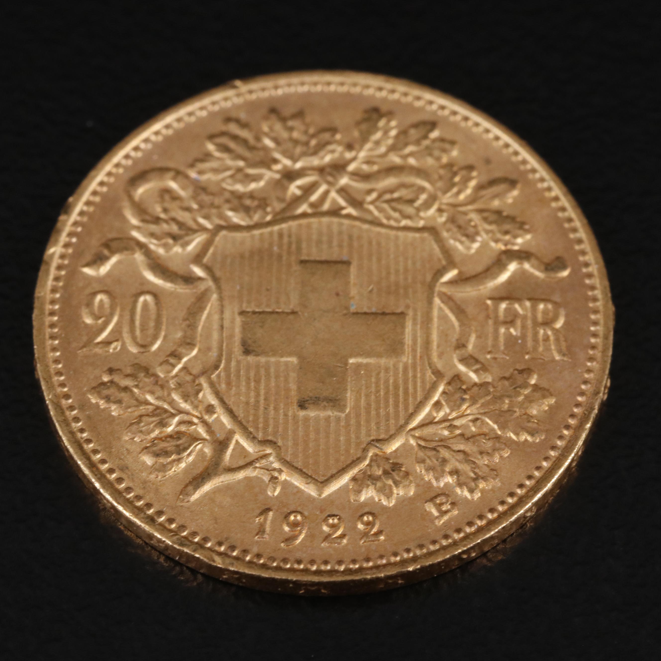 1922 B Switzerland Twenty Francs Gold Coin