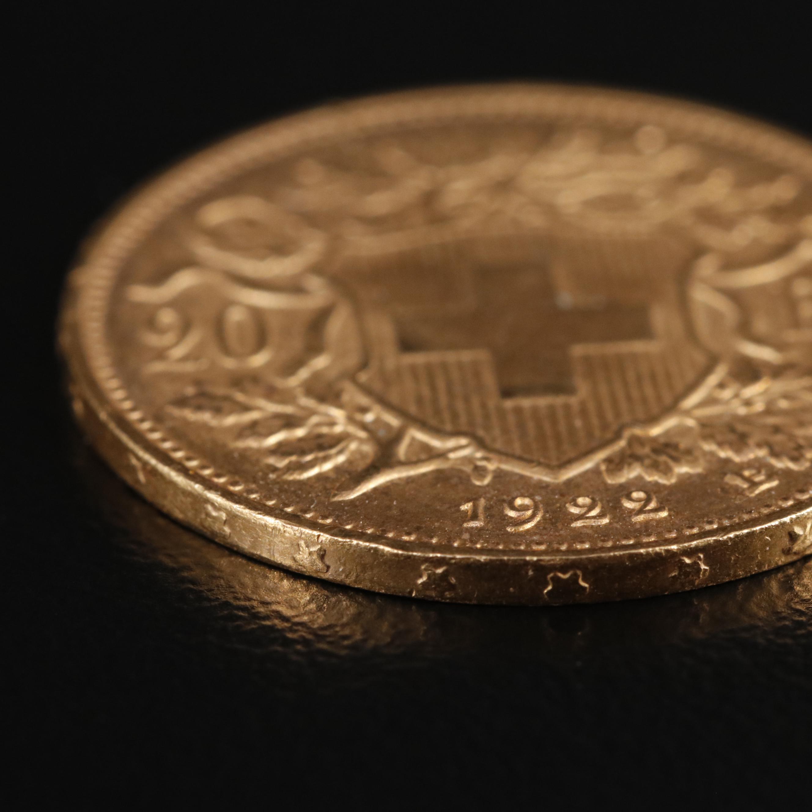1922 B Switzerland Twenty Francs Gold Coin