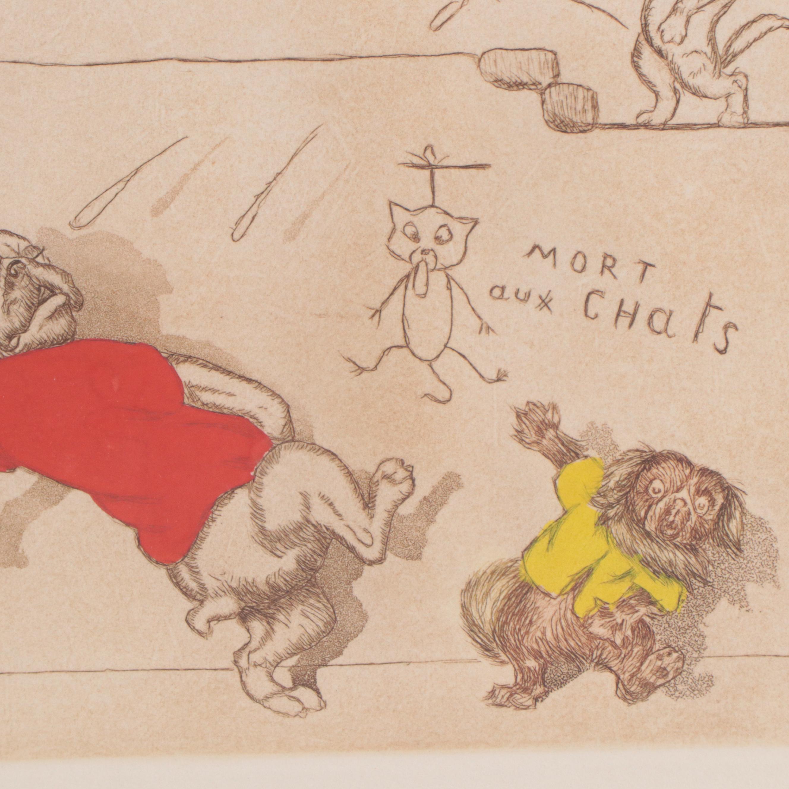 Boris O'Klein Hand-Colored Etching of Dog, Mid to Late 20th Century