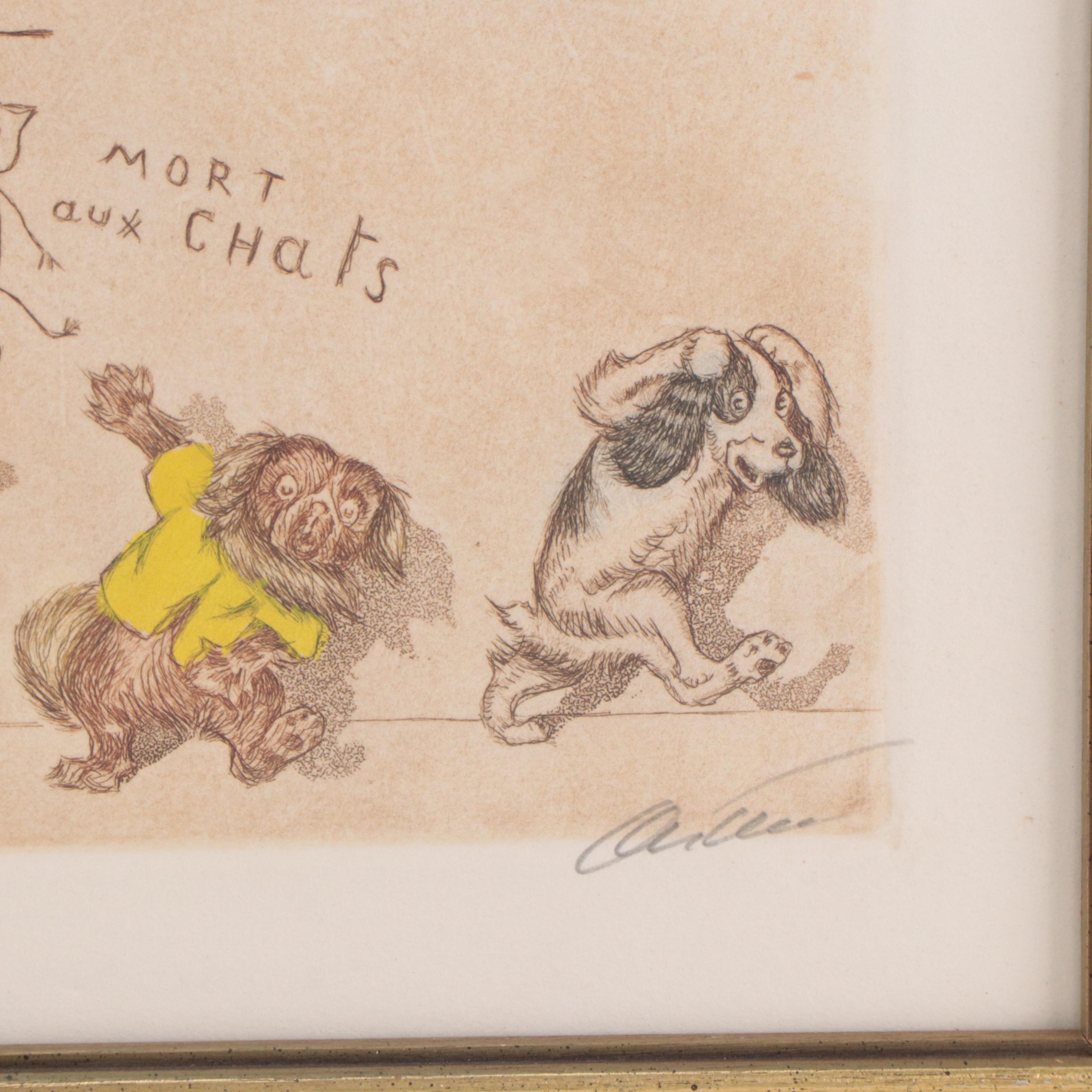 Boris O'Klein Hand-Colored Etching of Dog, Mid to Late 20th Century