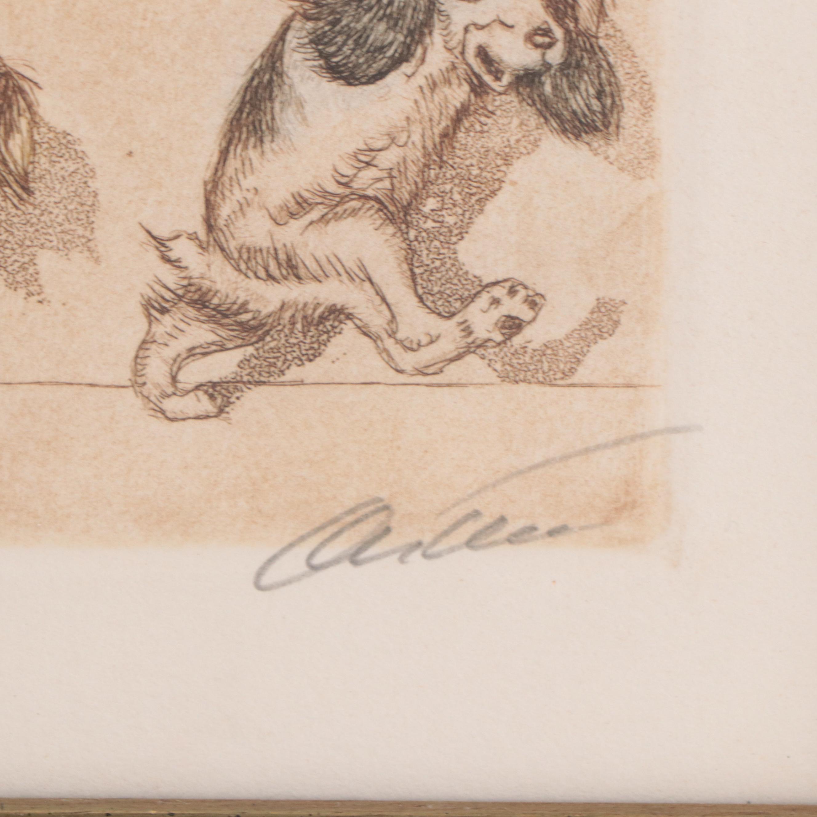 Boris O'Klein Hand-Colored Etching of Dog, Mid to Late 20th Century