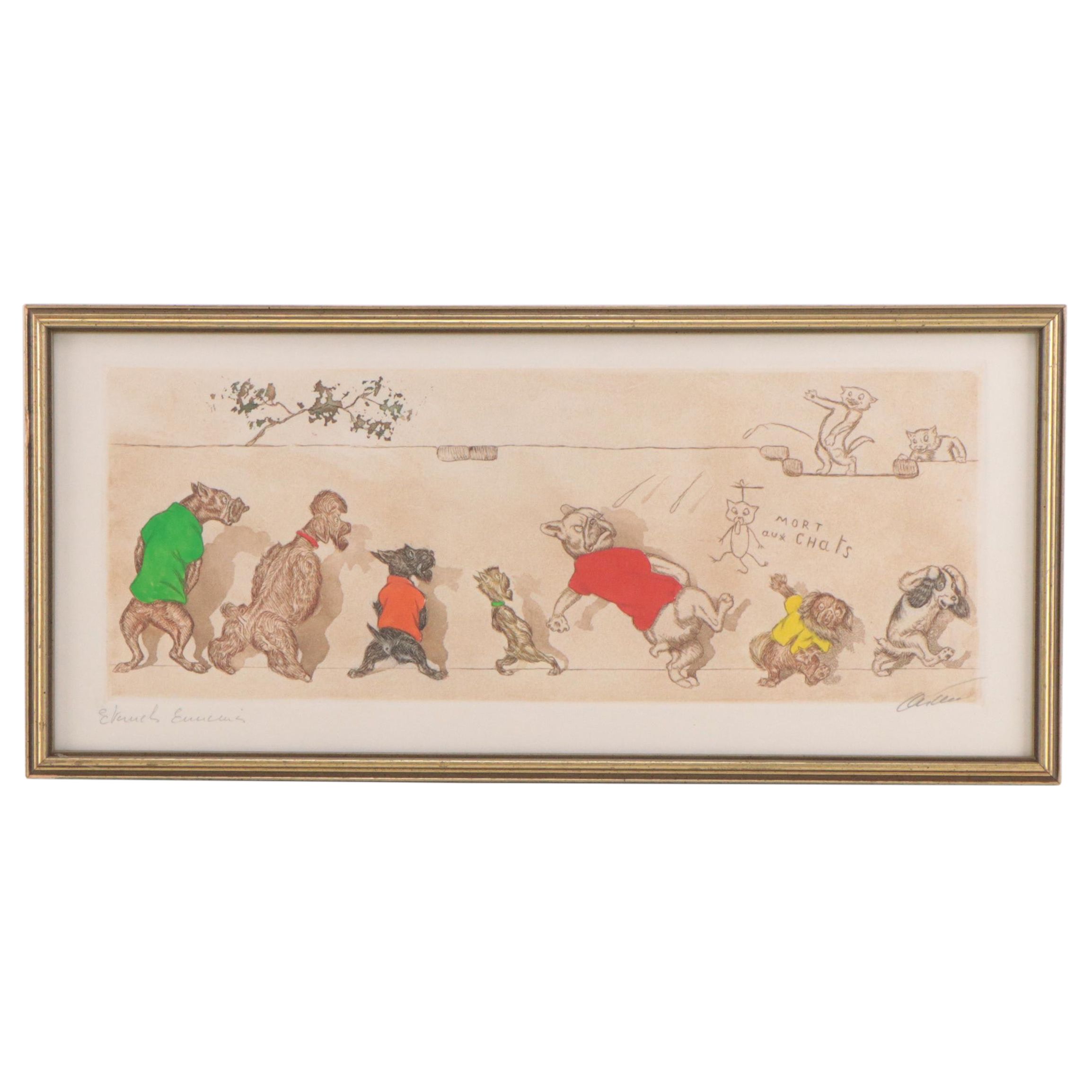 Boris O'Klein Hand-Colored Etching of Dog, Mid to Late 20th Century