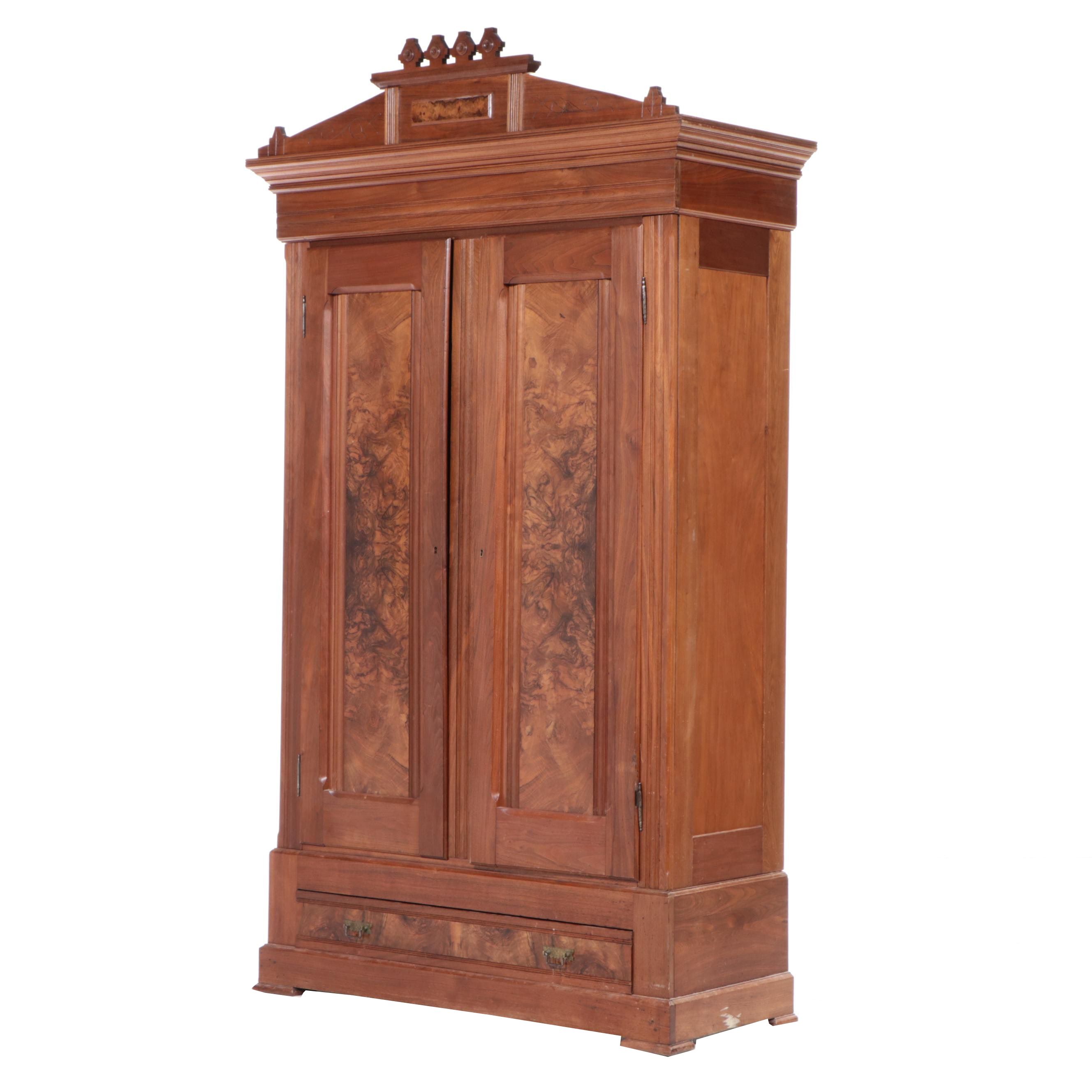 Victorian Eastlake Style Burl, Figured Walnut and Walnut Knockdown Wardrobe