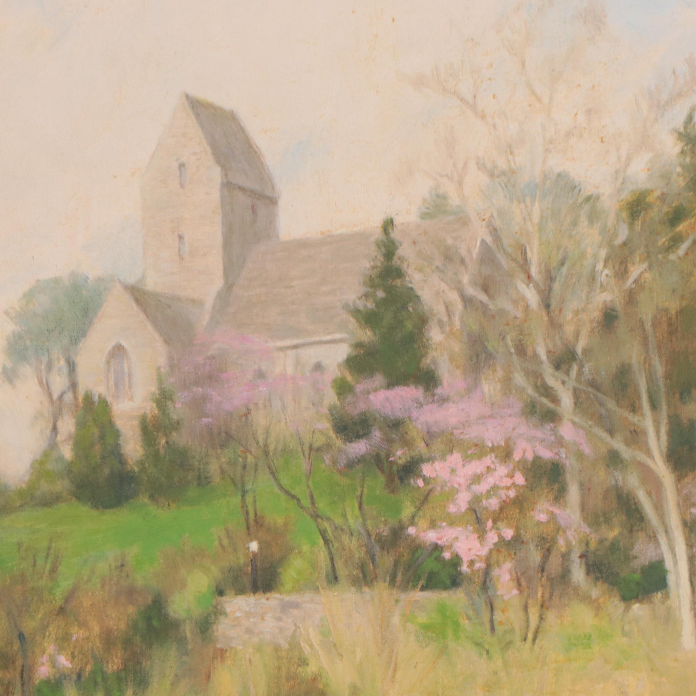 Mary Coleman Allen Oil Painting of Landscape With Church, 1955