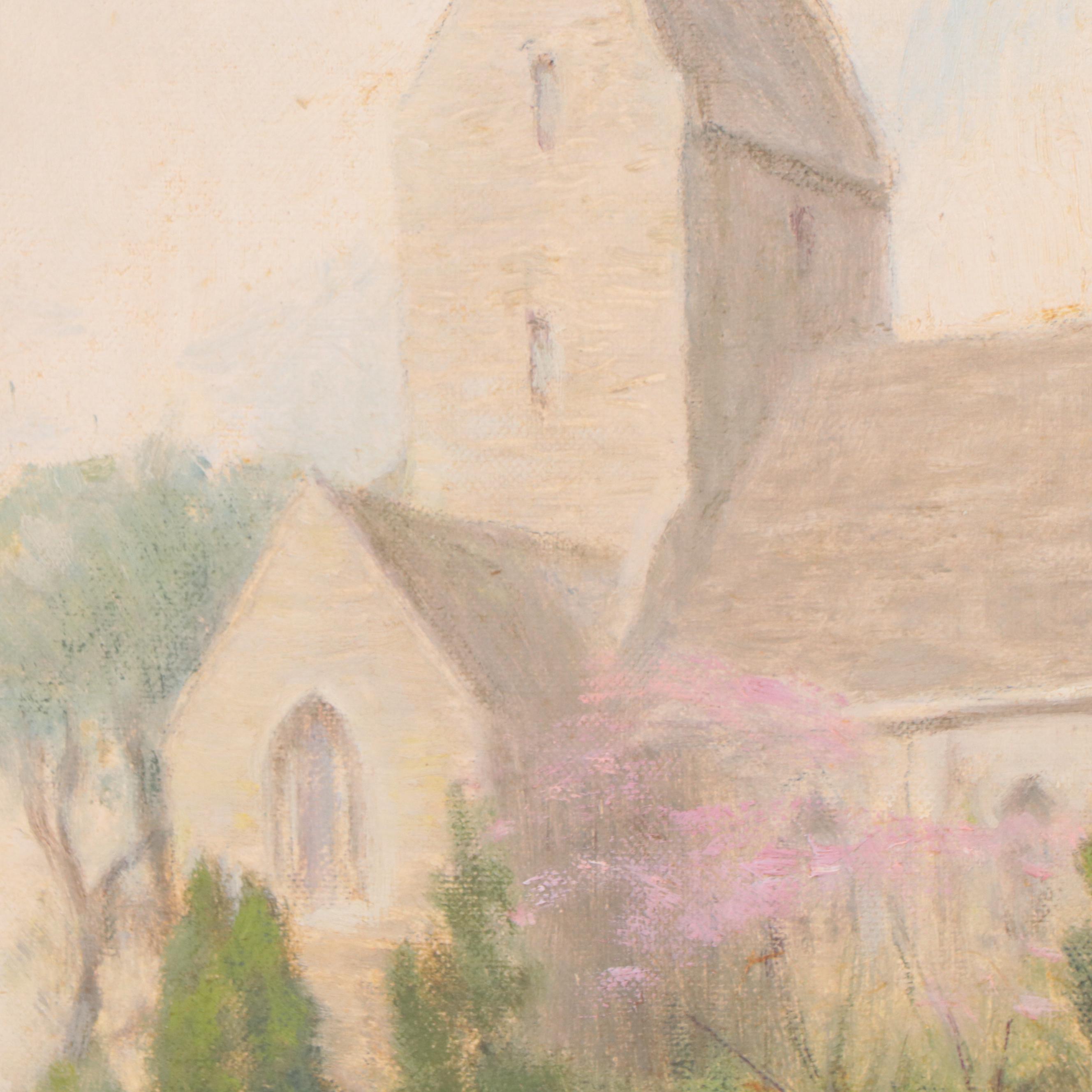 Mary Coleman Allen Oil Painting of Landscape With Church, 1955