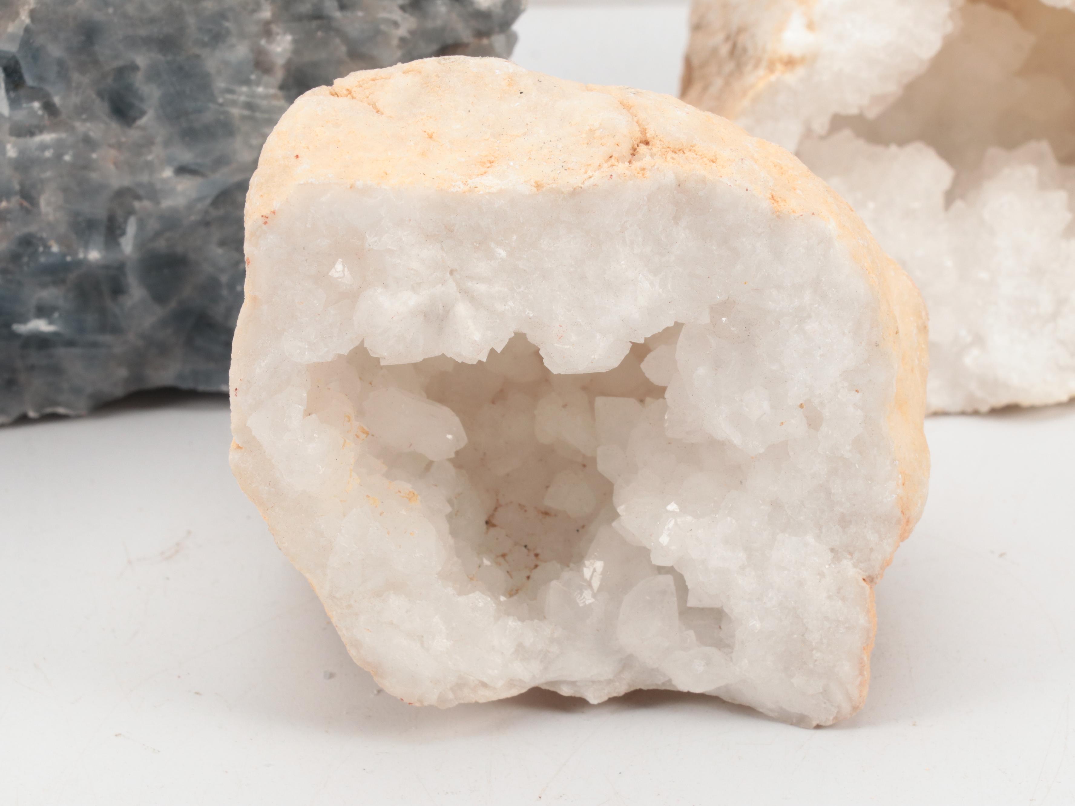 Clear Quartz Geodes With Blue Quartz and Selenite Specimens