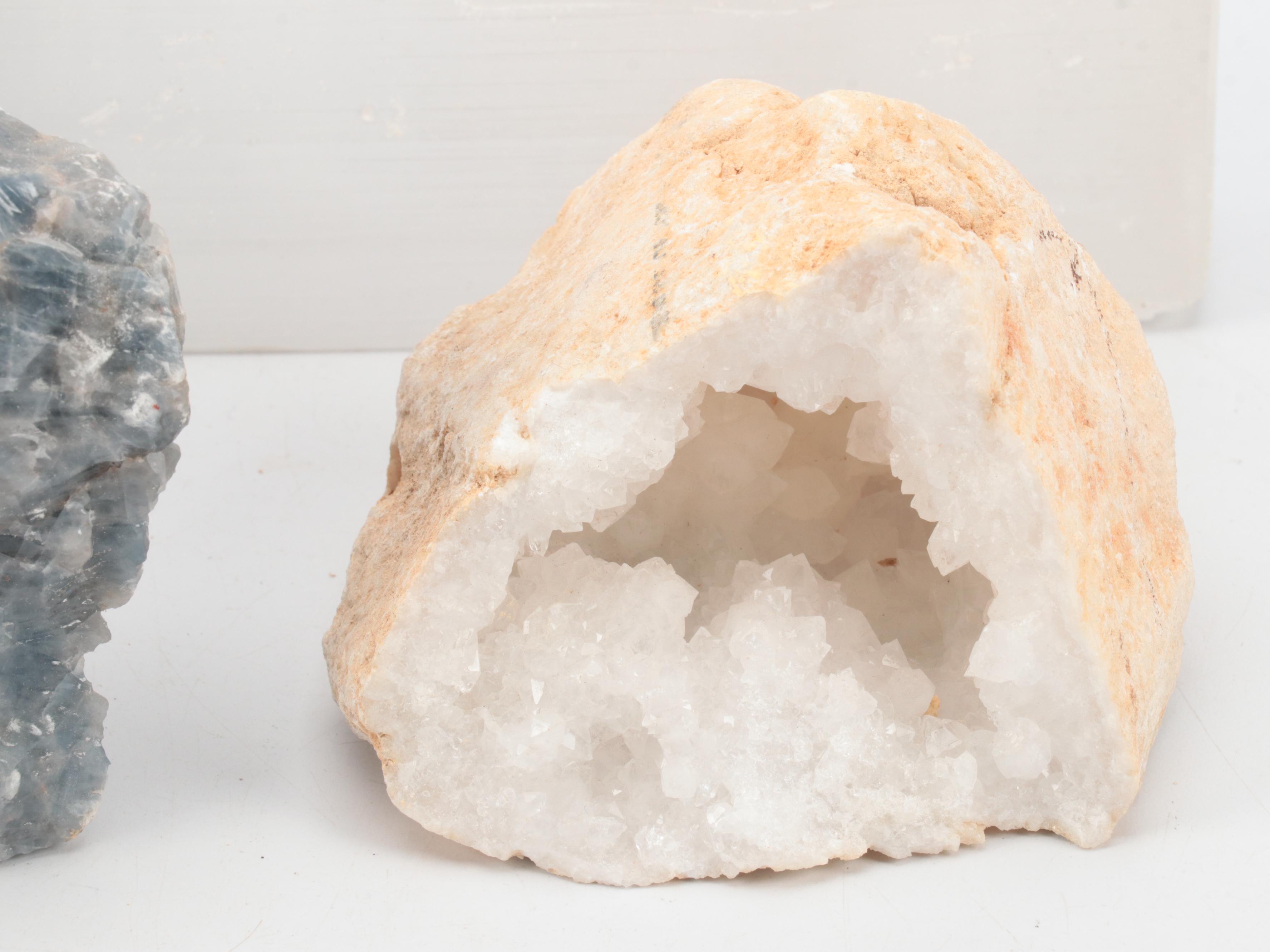 Clear Quartz Geodes With Blue Quartz and Selenite Specimens