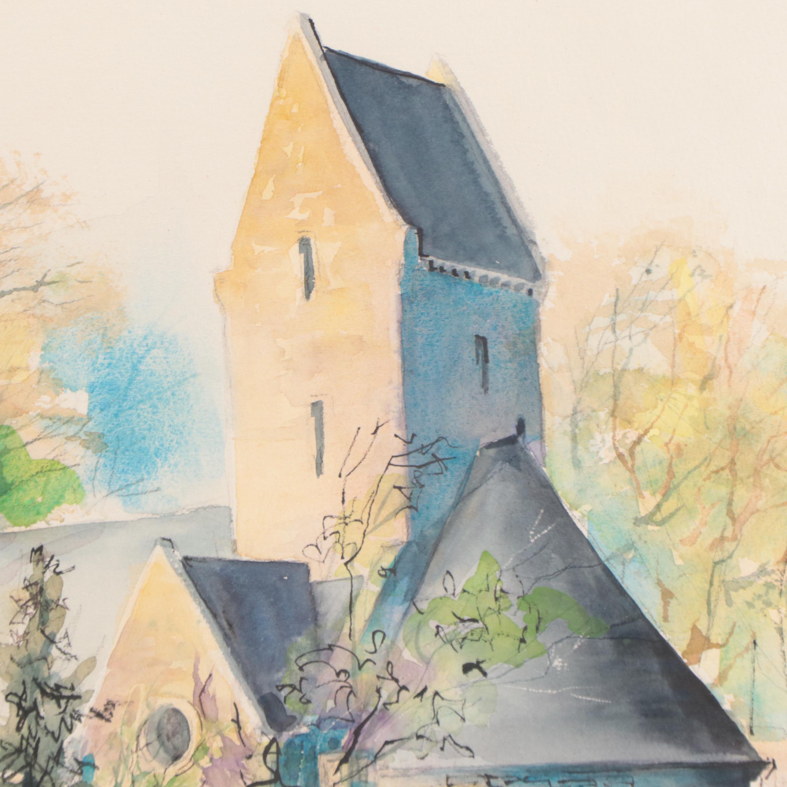 Betty Howard Watercolor Painting of Landscape With Church