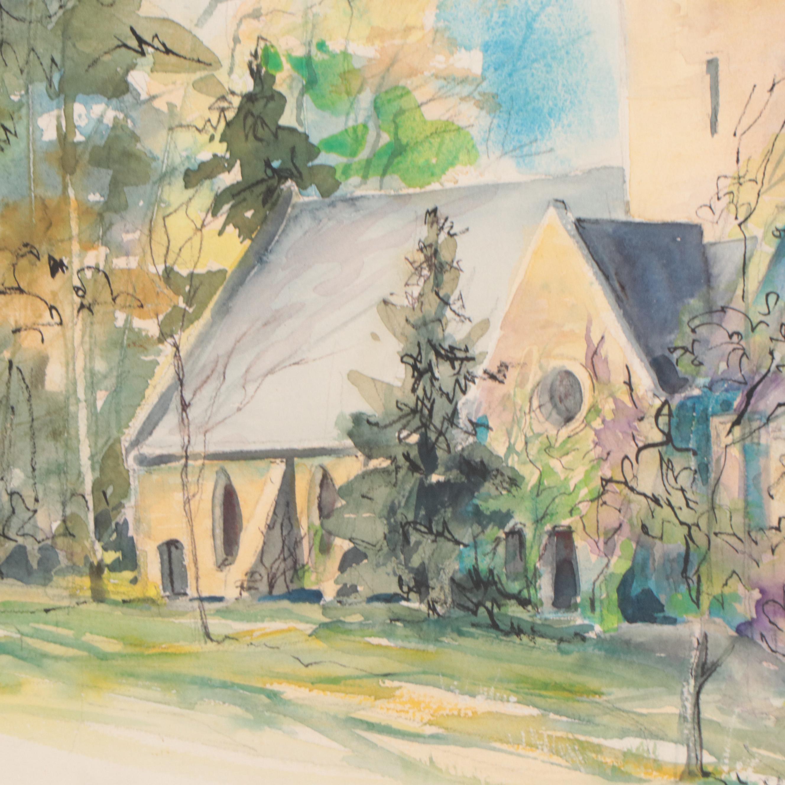 Betty Howard Watercolor Painting of Landscape With Church