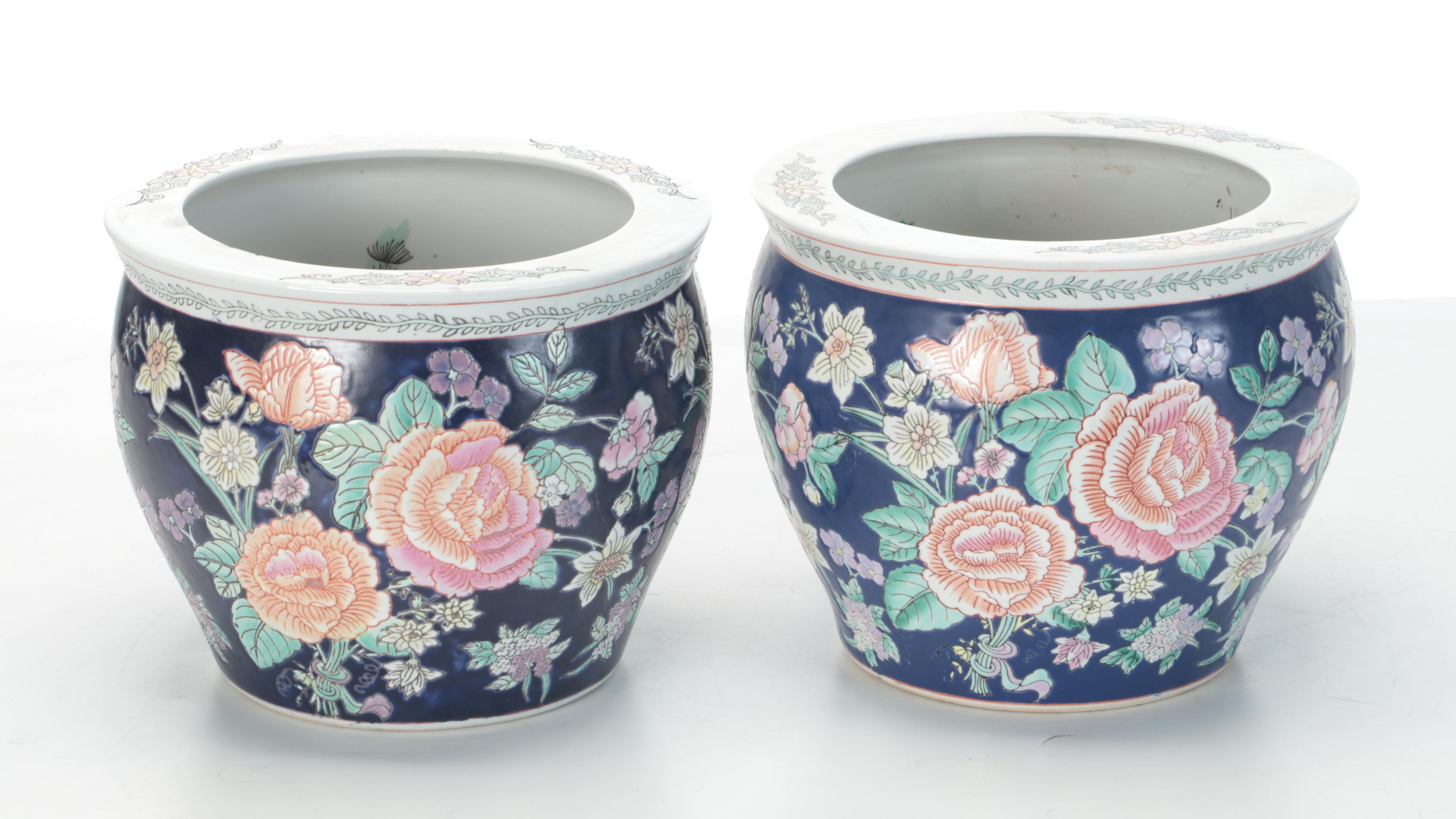 Chinese Hand-Decorated Ceramic Fish Bowl Planters on Wood Stands