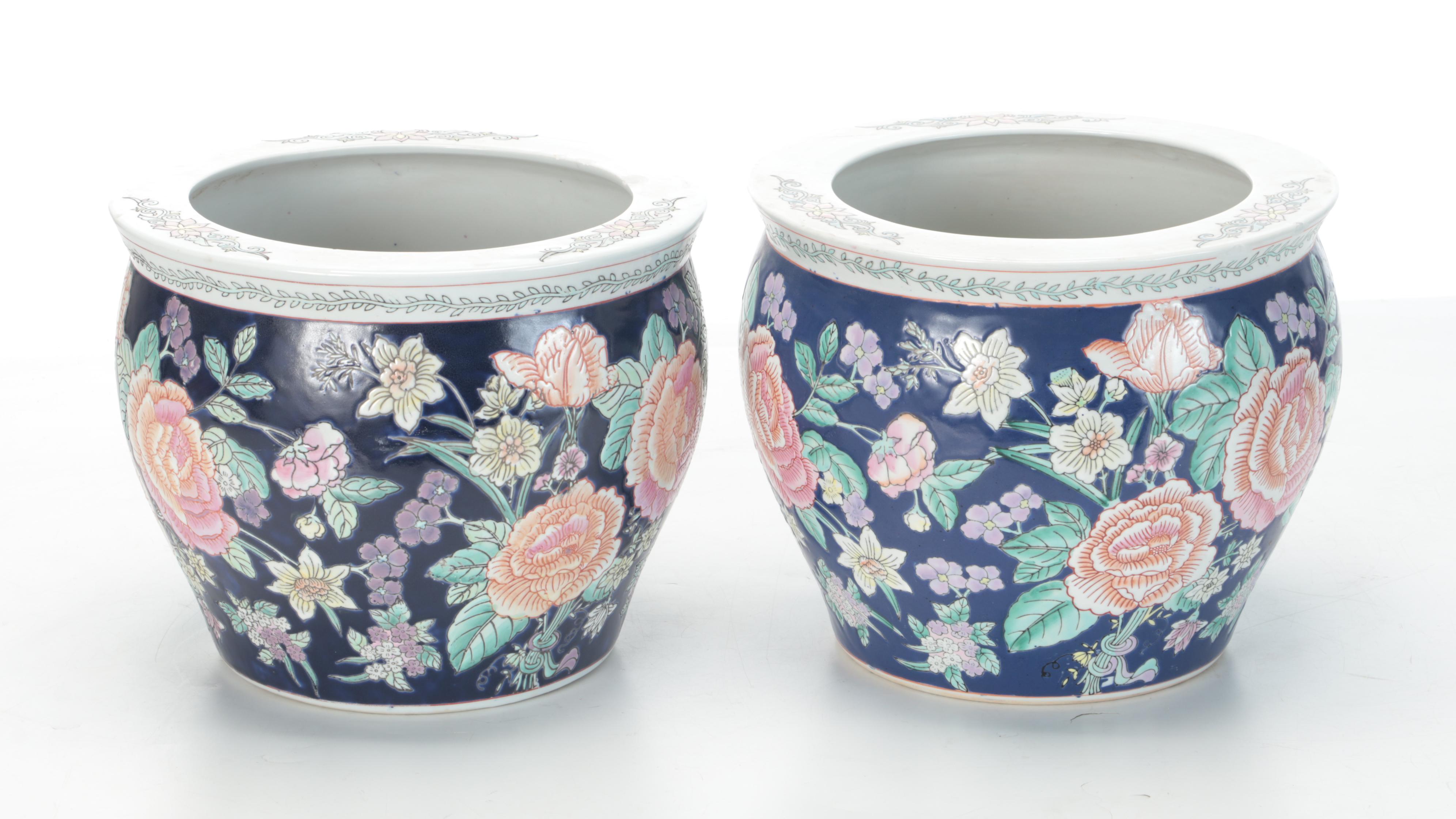 Chinese Hand-Decorated Ceramic Fish Bowl Planters on Wood Stands