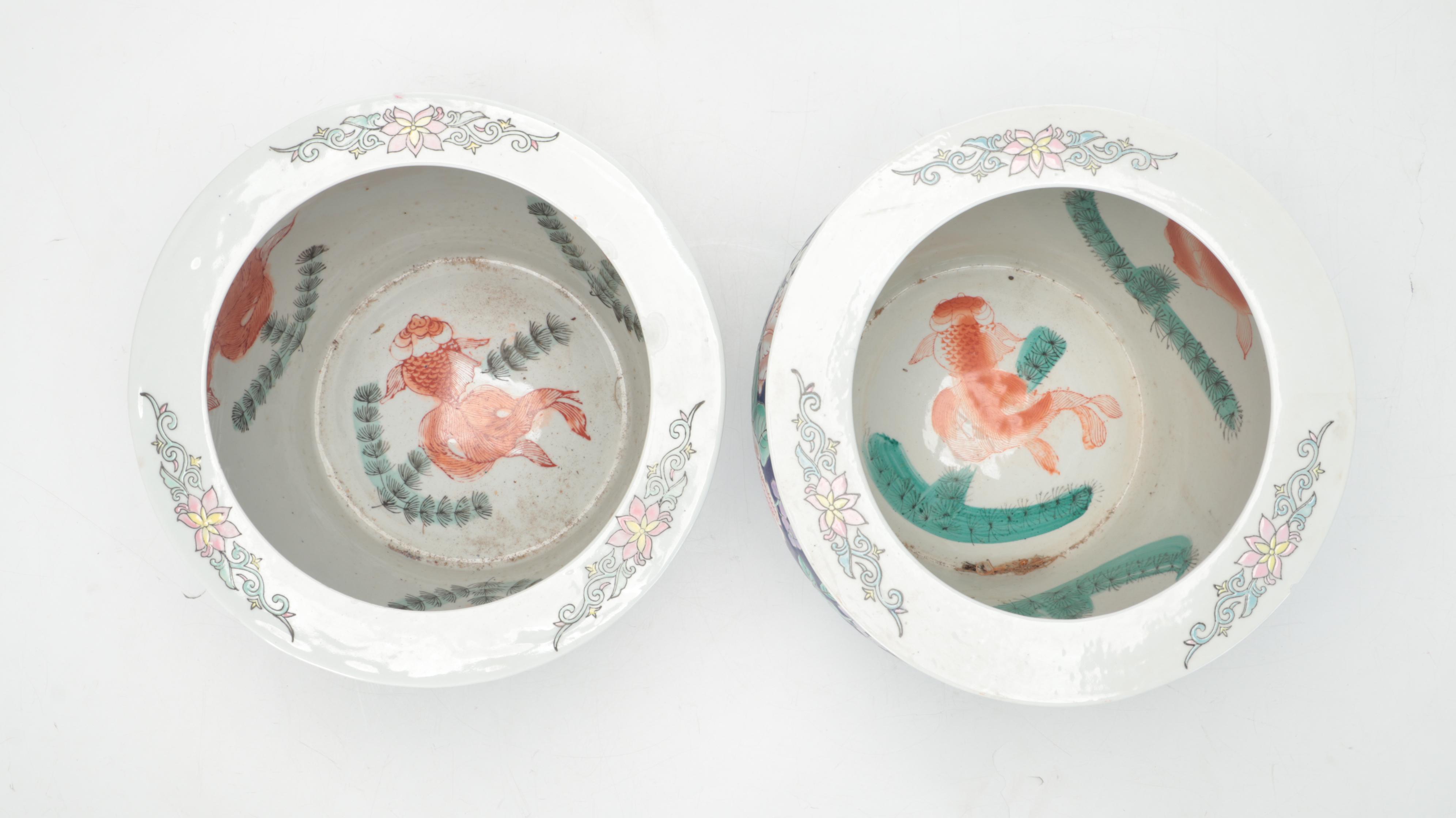 Chinese Hand-Decorated Ceramic Fish Bowl Planters on Wood Stands