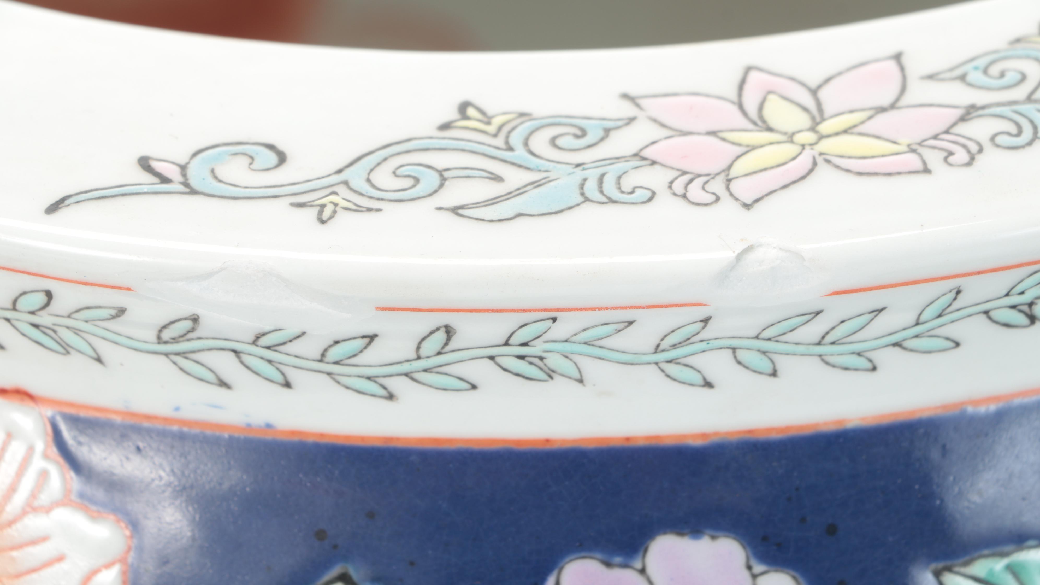 Chinese Hand-Decorated Ceramic Fish Bowl Planters on Wood Stands
