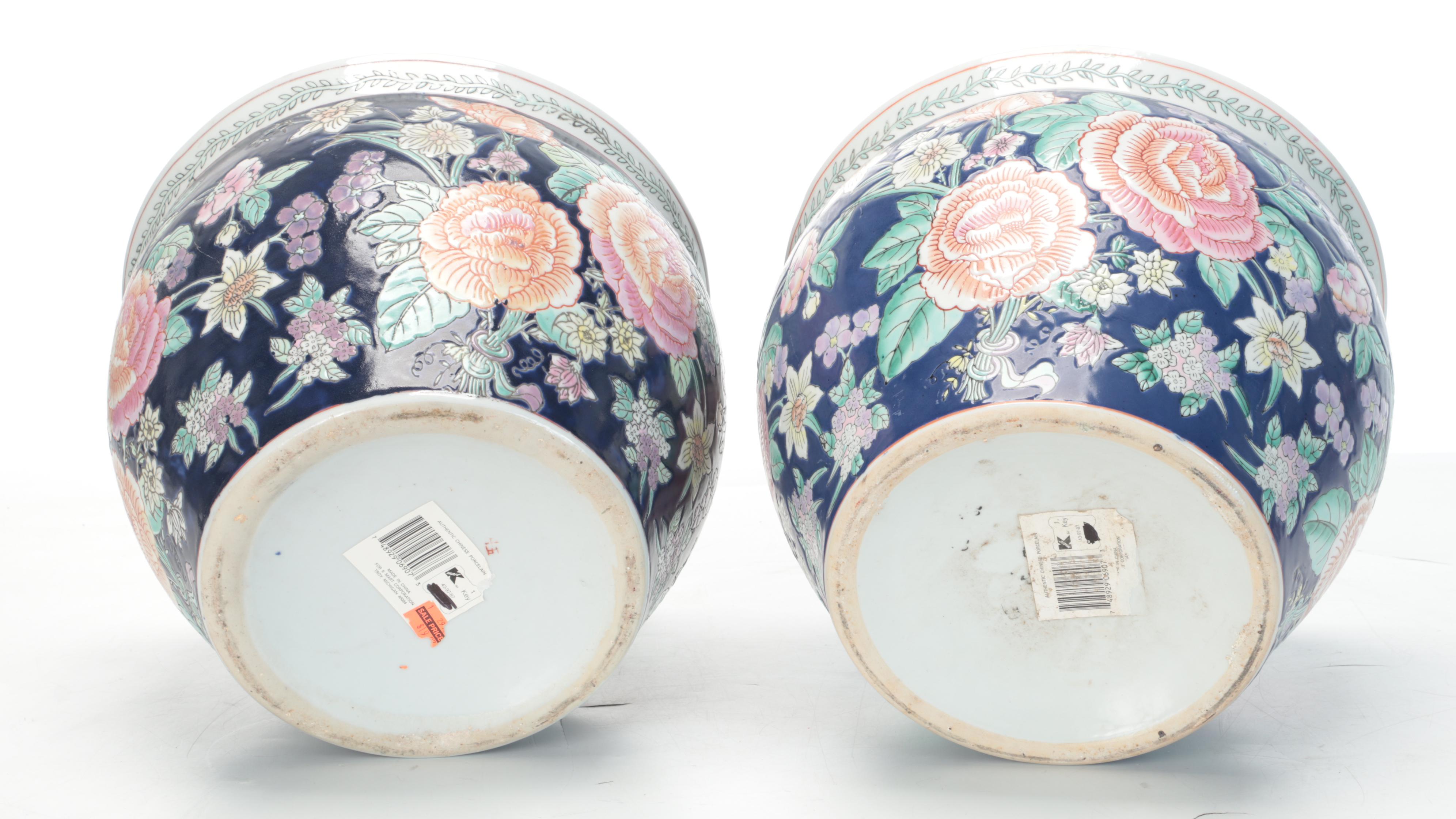 Chinese Hand-Decorated Ceramic Fish Bowl Planters on Wood Stands