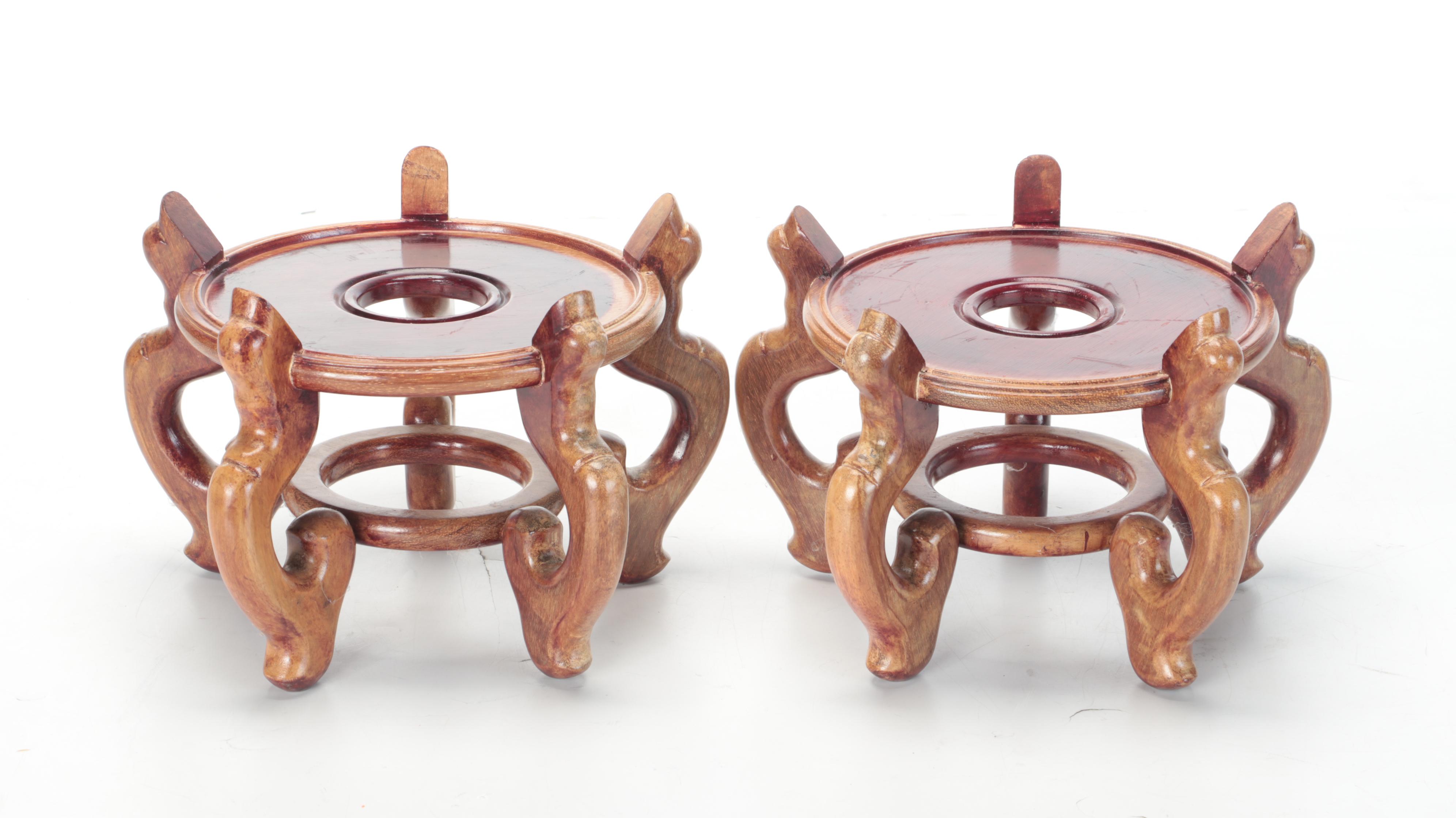 Chinese Hand-Decorated Ceramic Fish Bowl Planters on Wood Stands