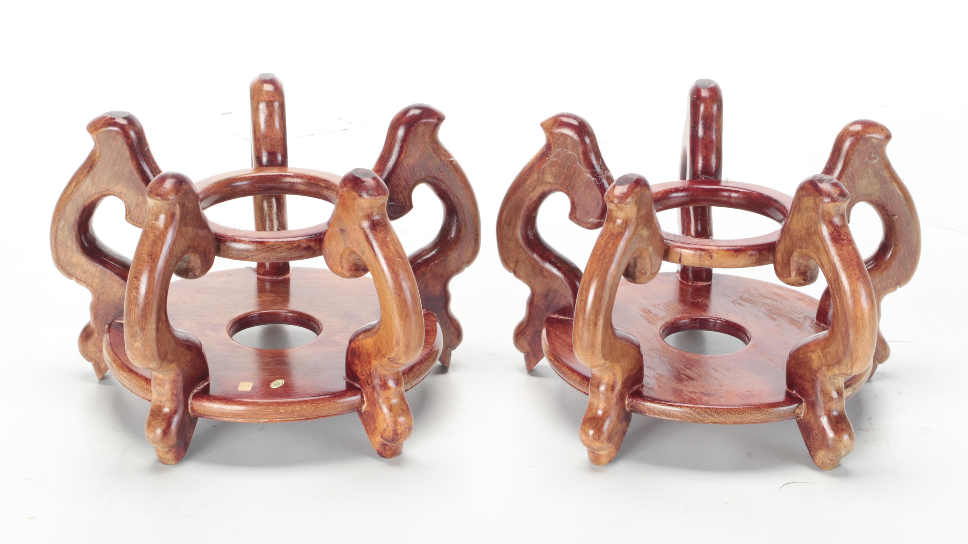 Chinese Hand-Decorated Ceramic Fish Bowl Planters on Wood Stands