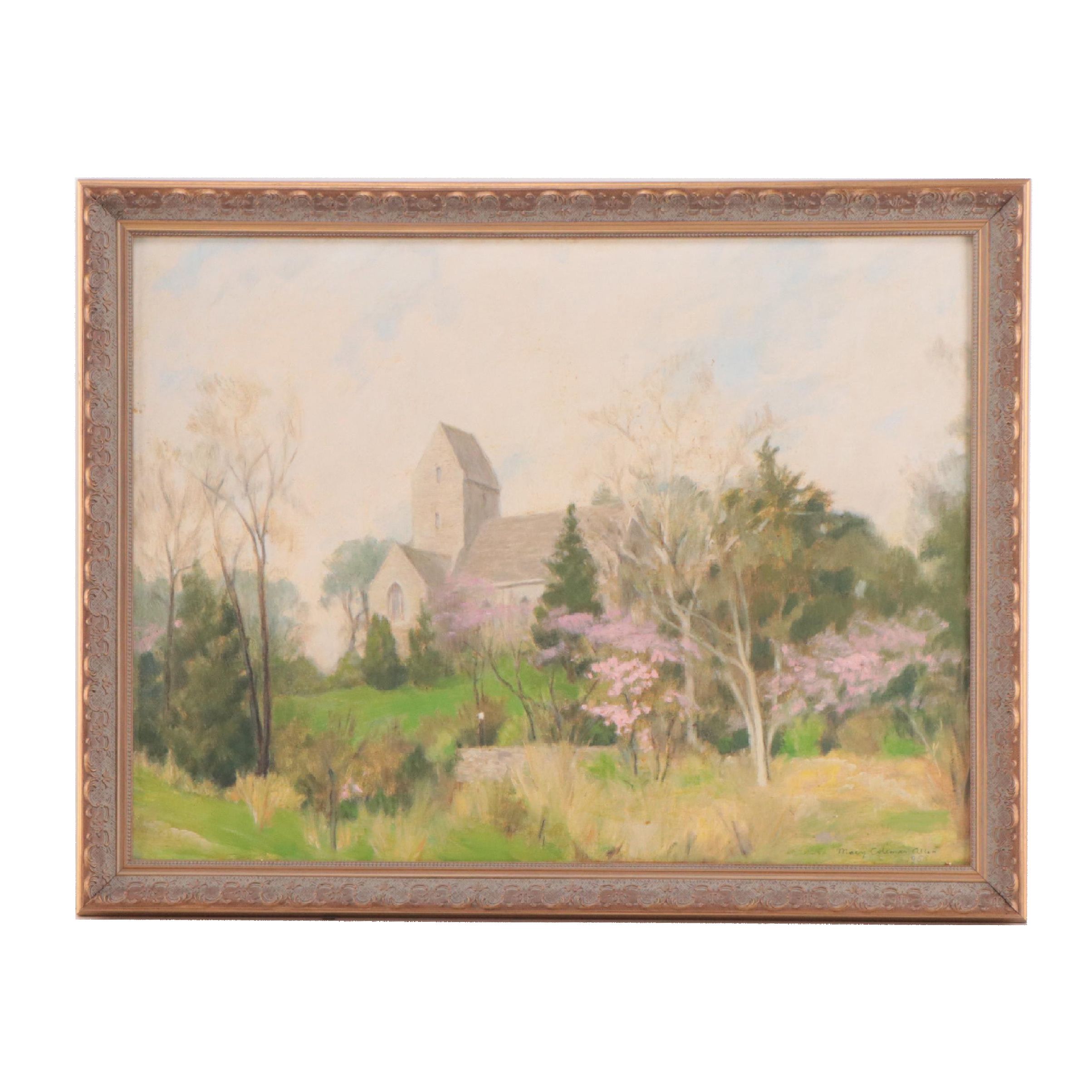 Mary Coleman Allen Oil Painting of Landscape With Church, 1955