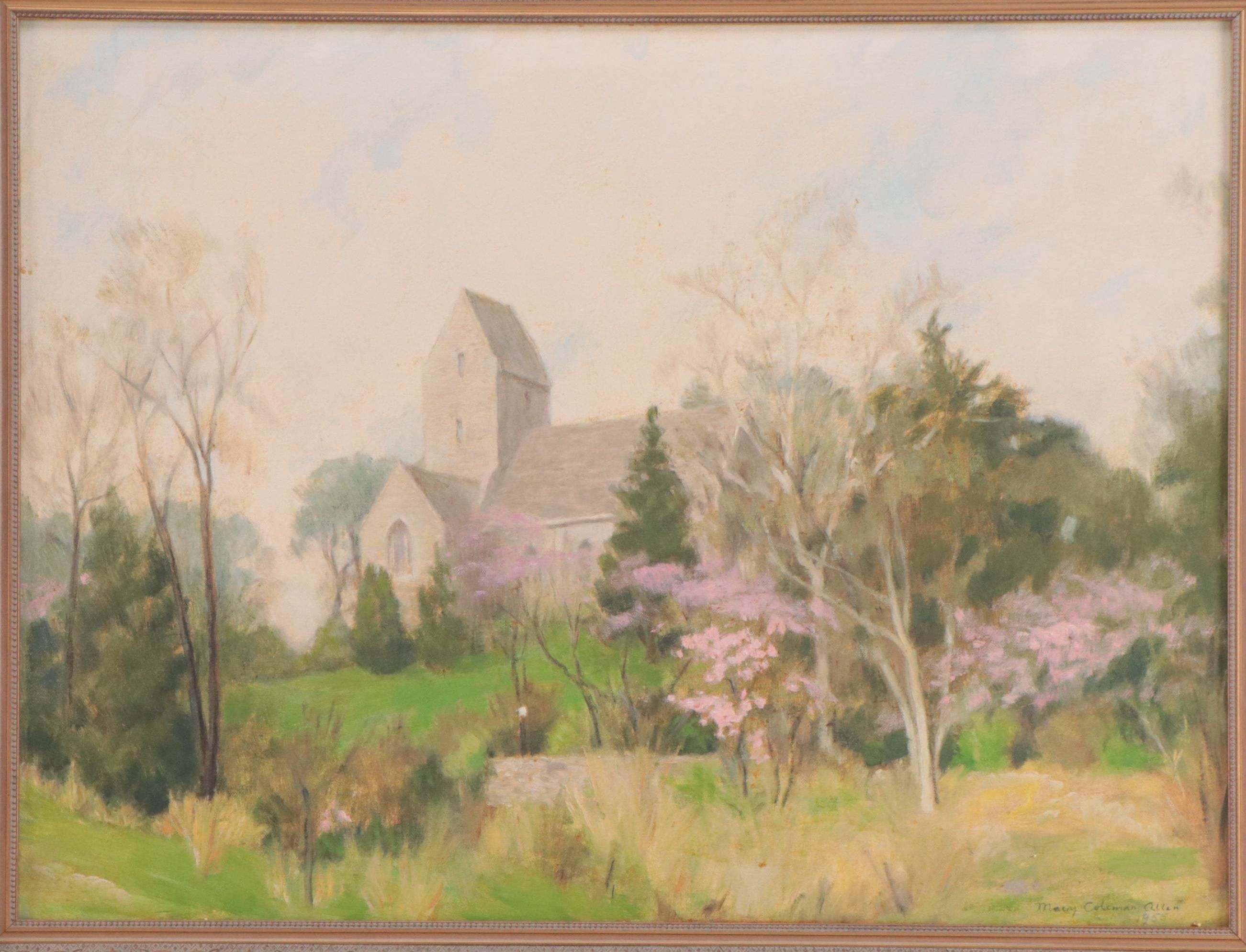 Mary Coleman Allen Oil Painting of Landscape With Church, 1955