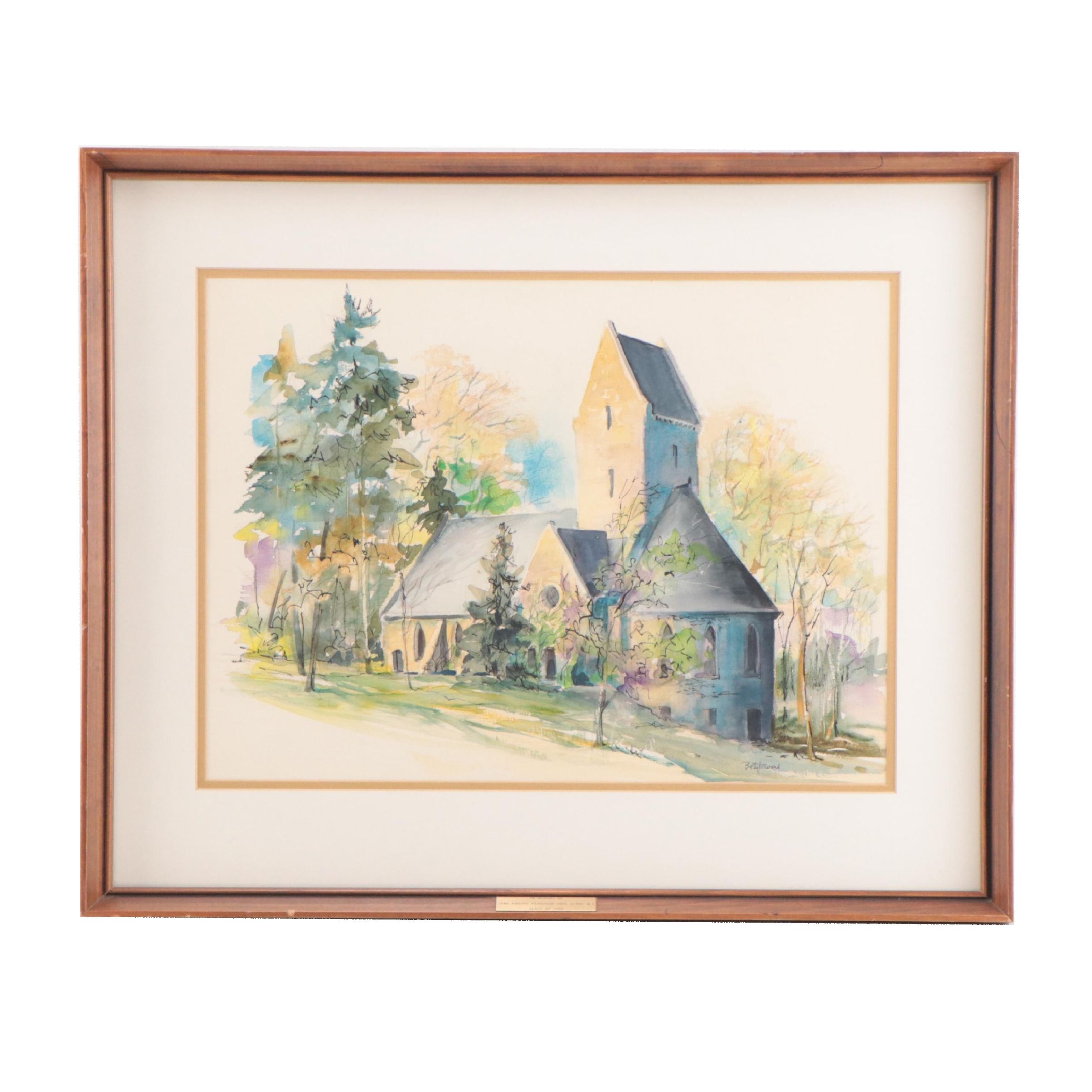 Betty Howard Watercolor Painting of Landscape With Church