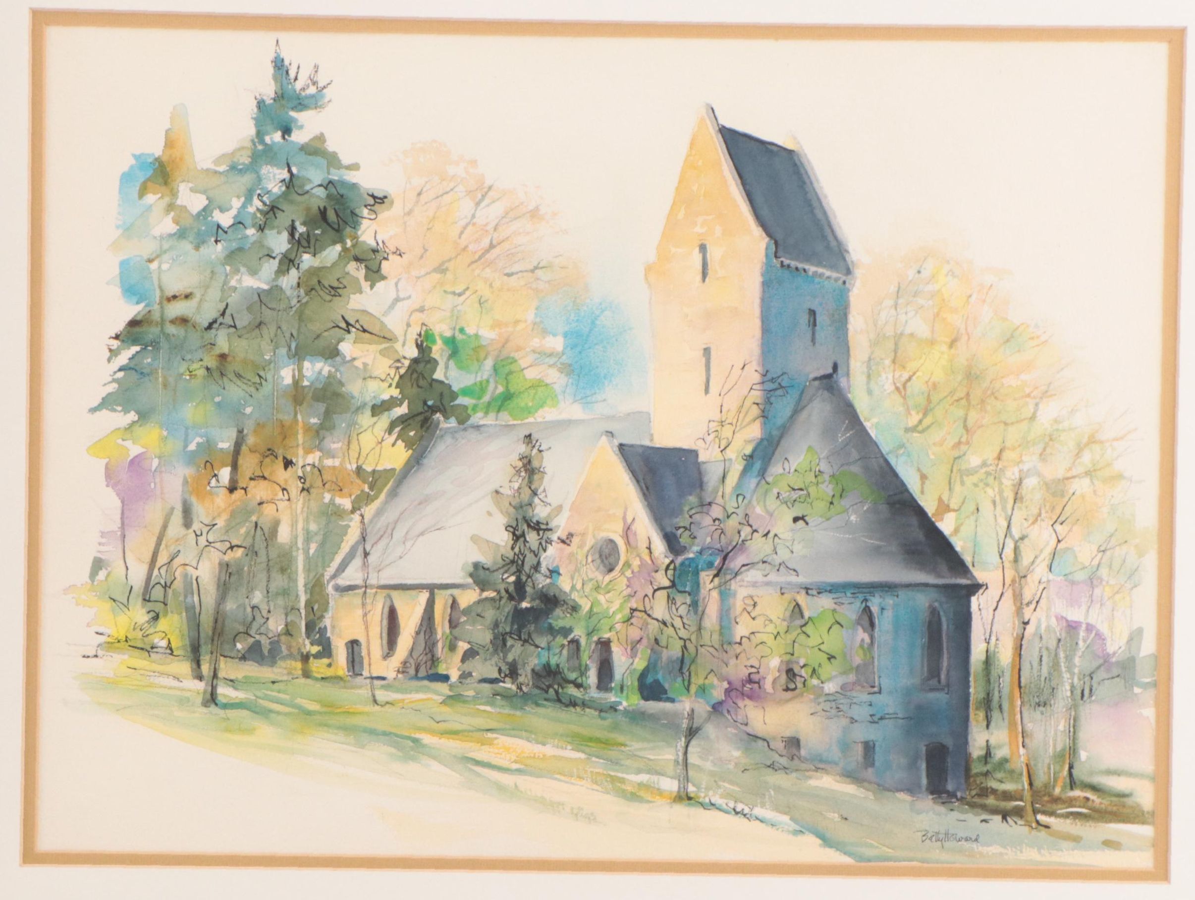 Betty Howard Watercolor Painting of Landscape With Church
