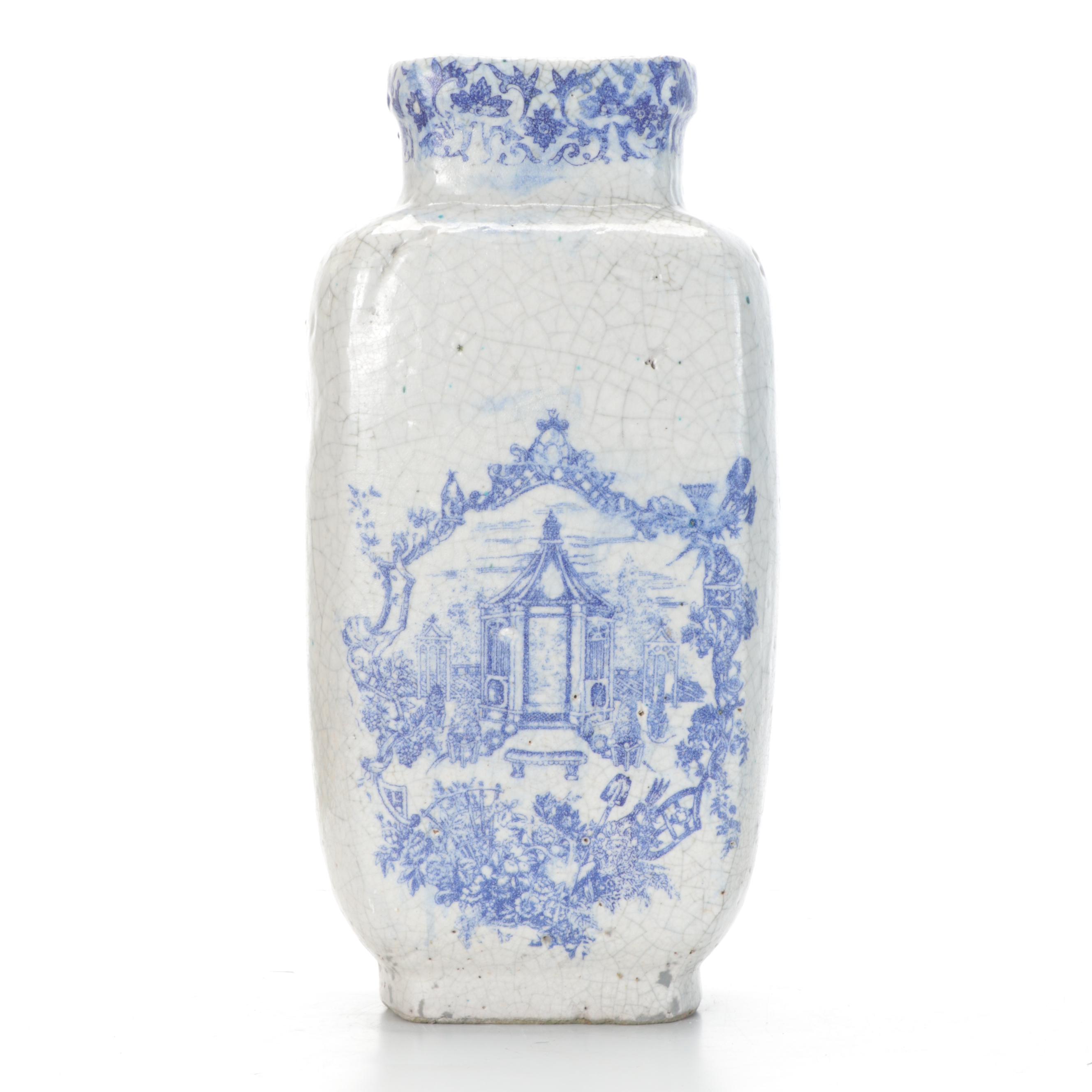 Chinese Crackle Glaze Vase with Blue Transfer Design