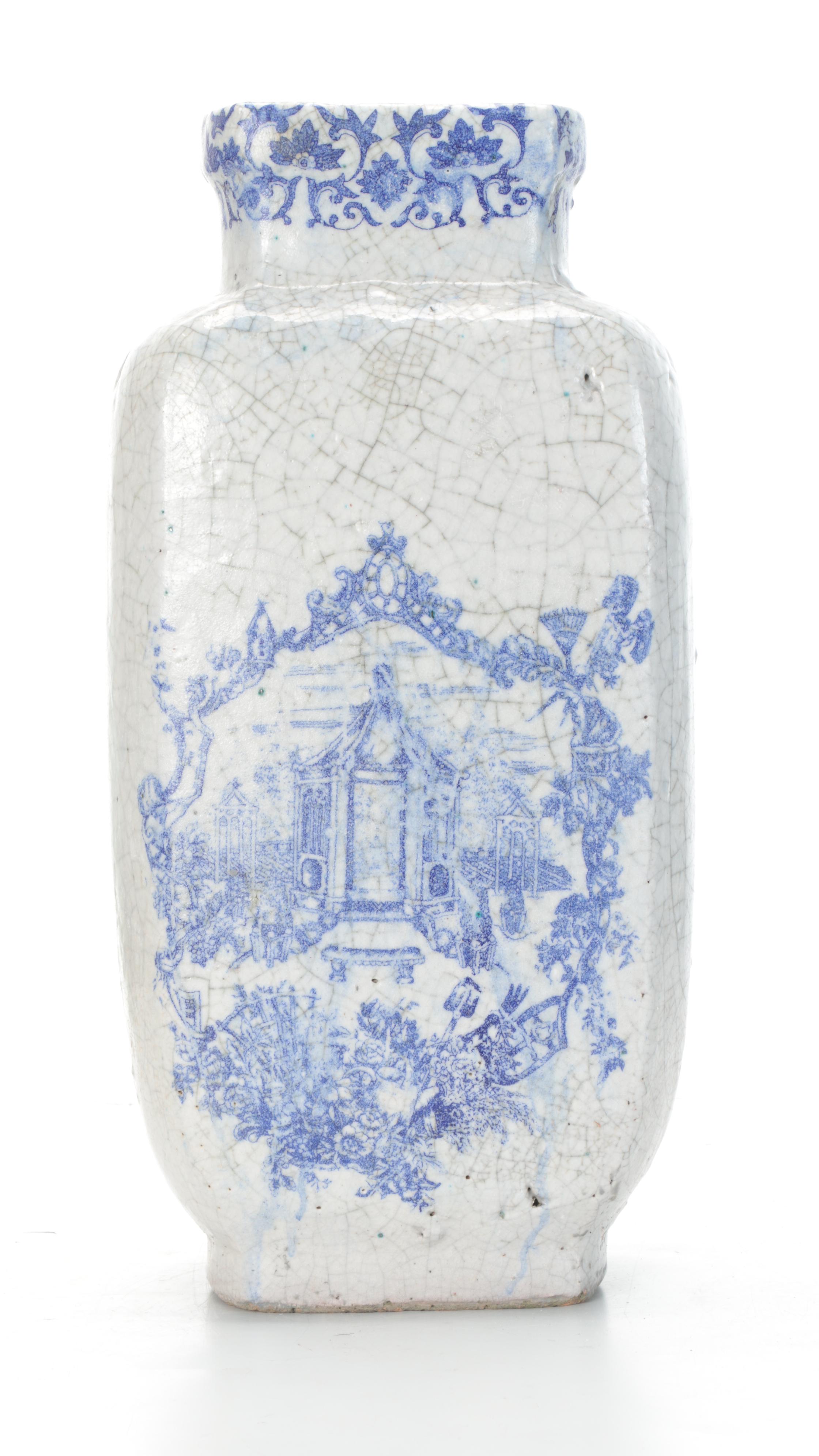 Chinese Crackle Glaze Vase with Blue Transfer Design