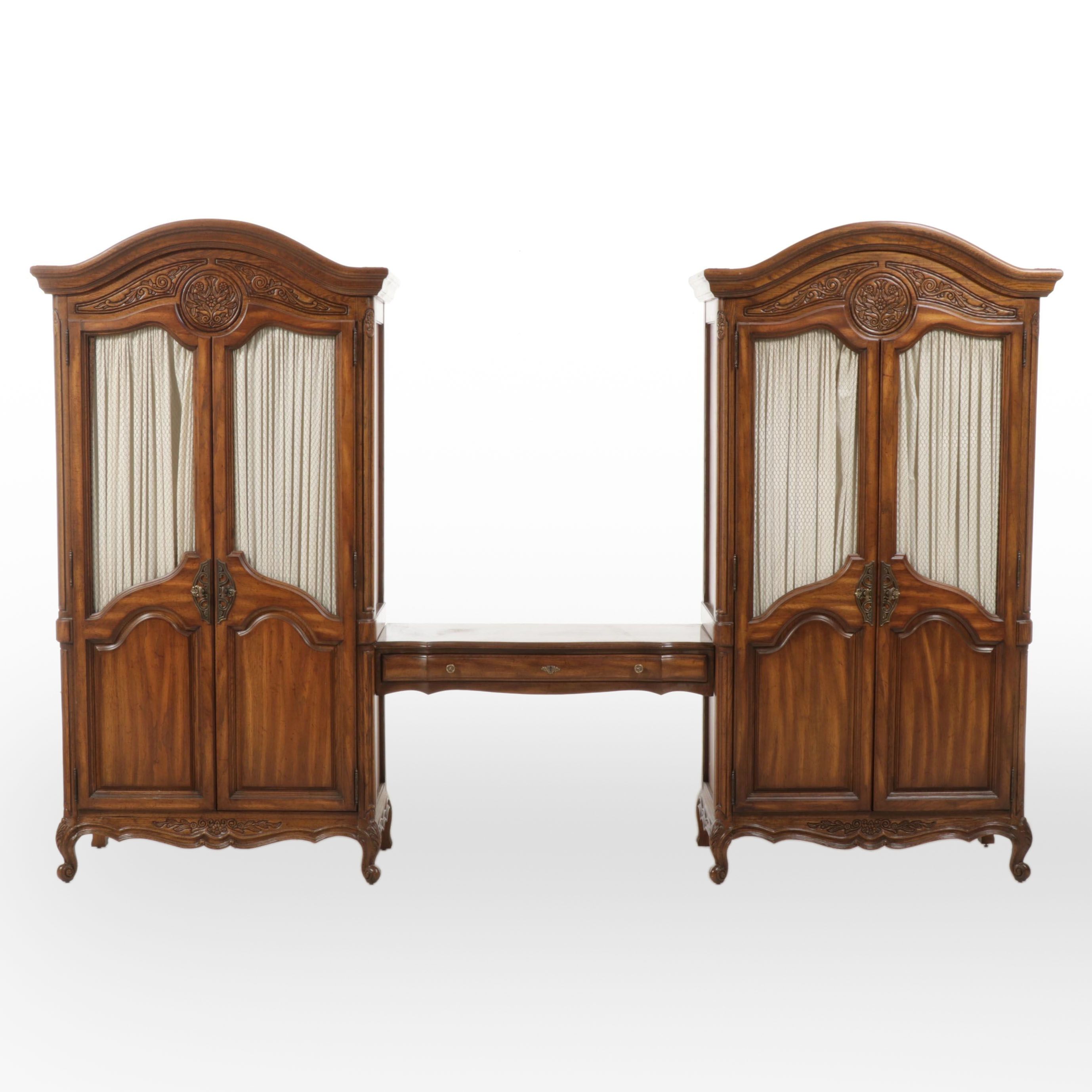 Pair of National / Mt. Airy Louis XV Style Armoires with Bridge Vanity Table