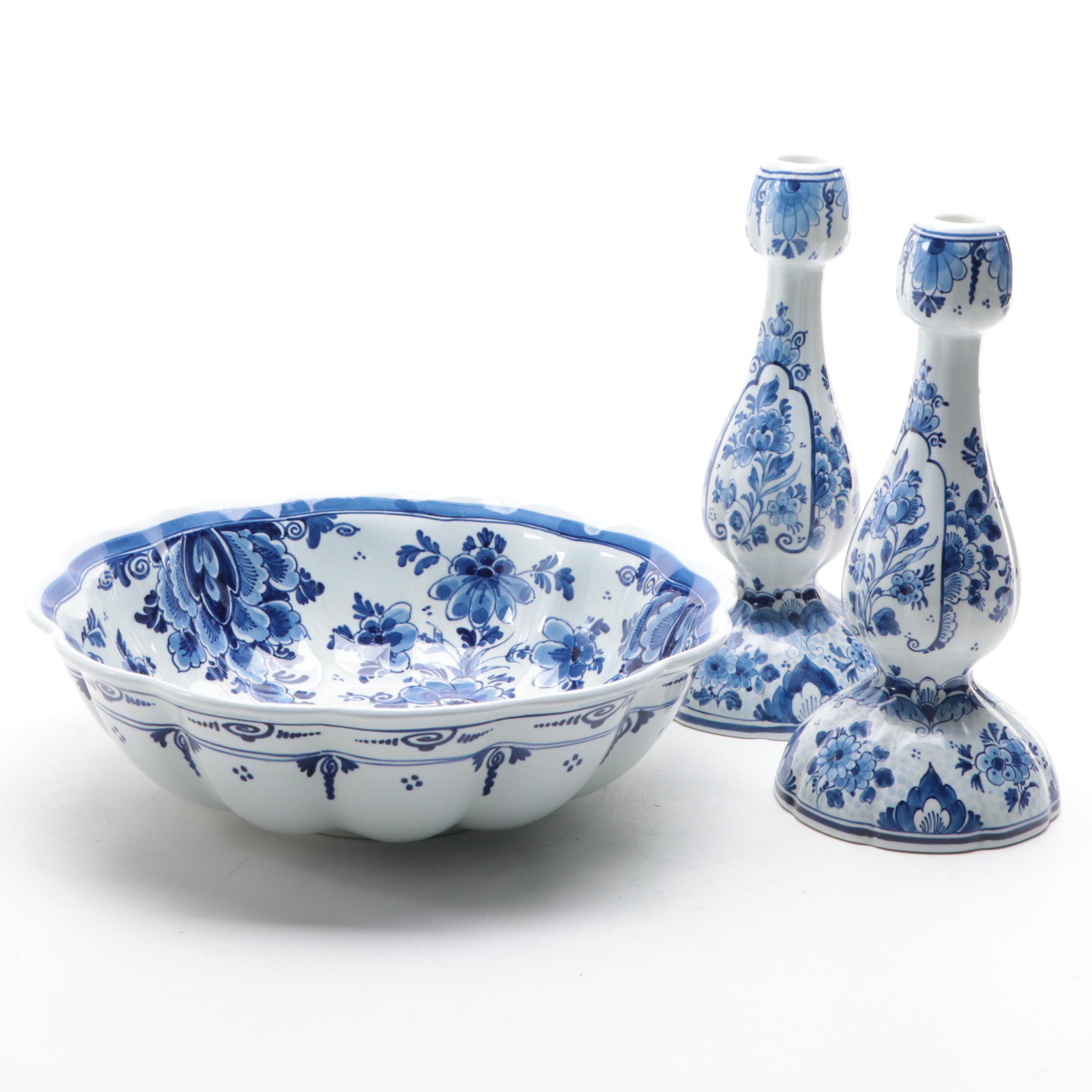 Delft Blue and White Porcelain Candlesticks and Bowl