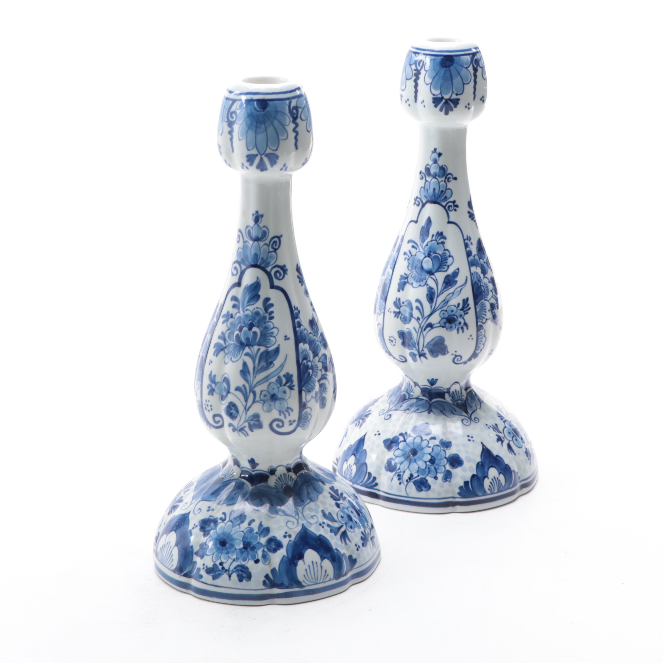 Delft Blue and White Porcelain Candlesticks and Bowl