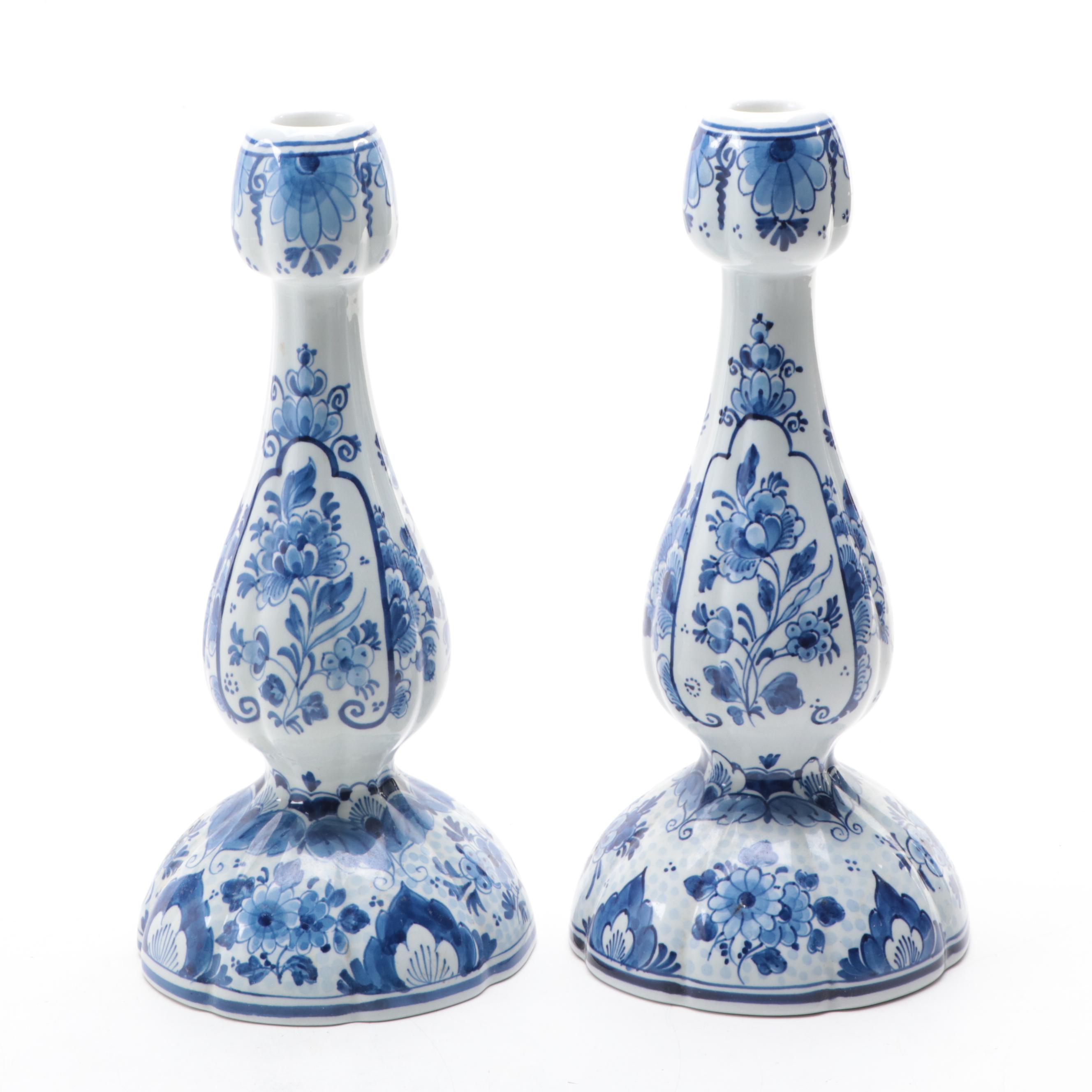 Delft Blue and White Porcelain Candlesticks and Bowl