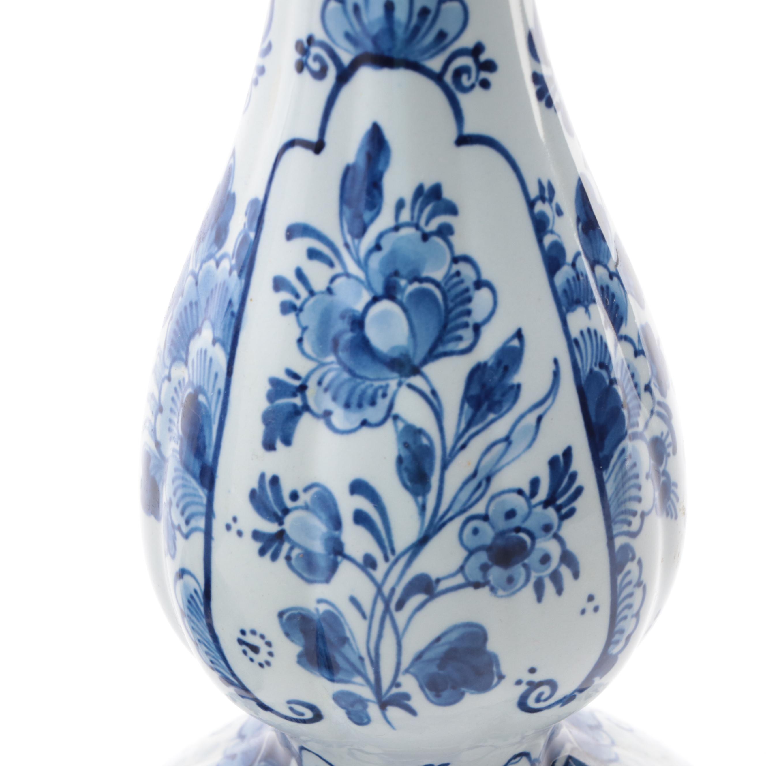 Delft Blue and White Porcelain Candlesticks and Bowl