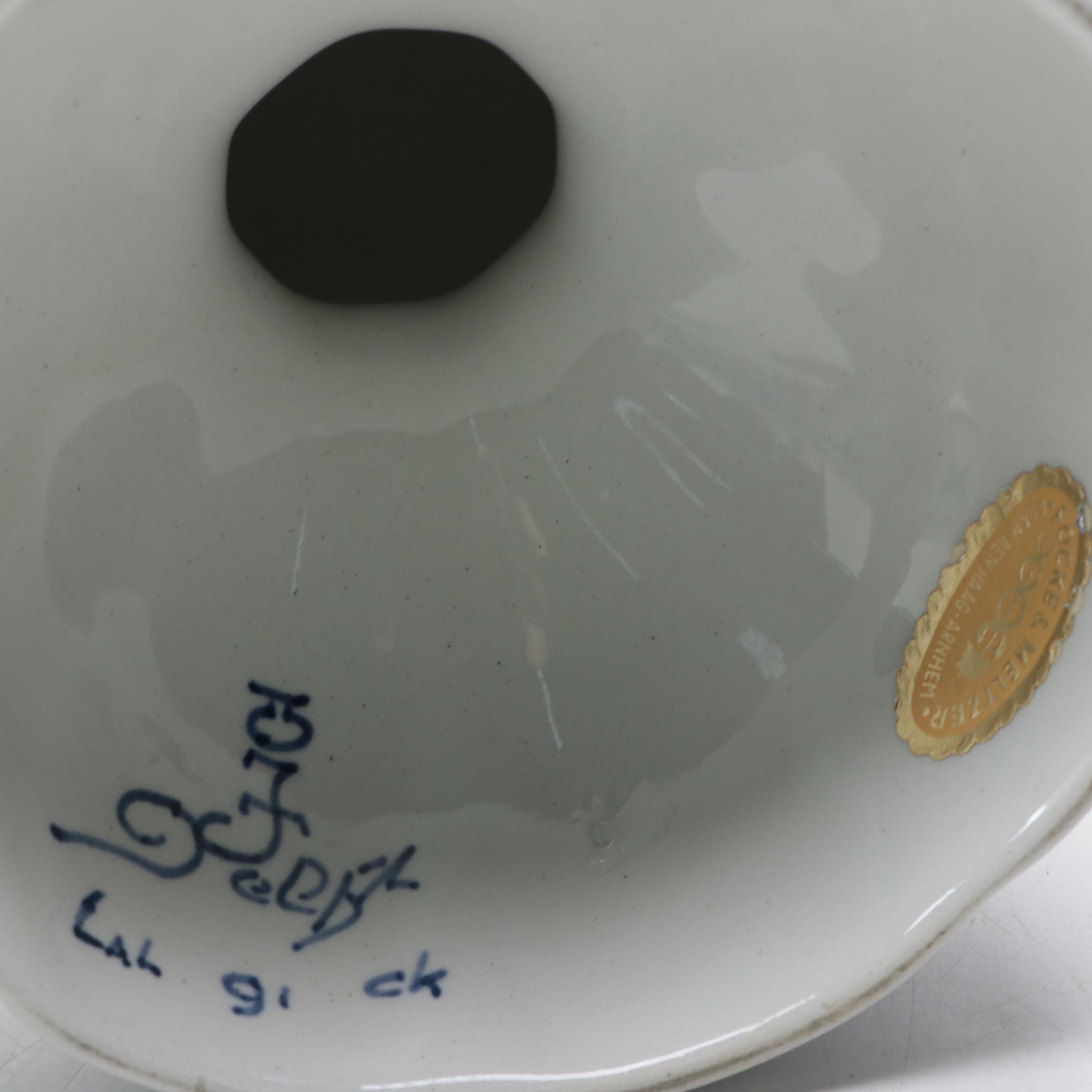 Delft Blue and White Porcelain Candlesticks and Bowl