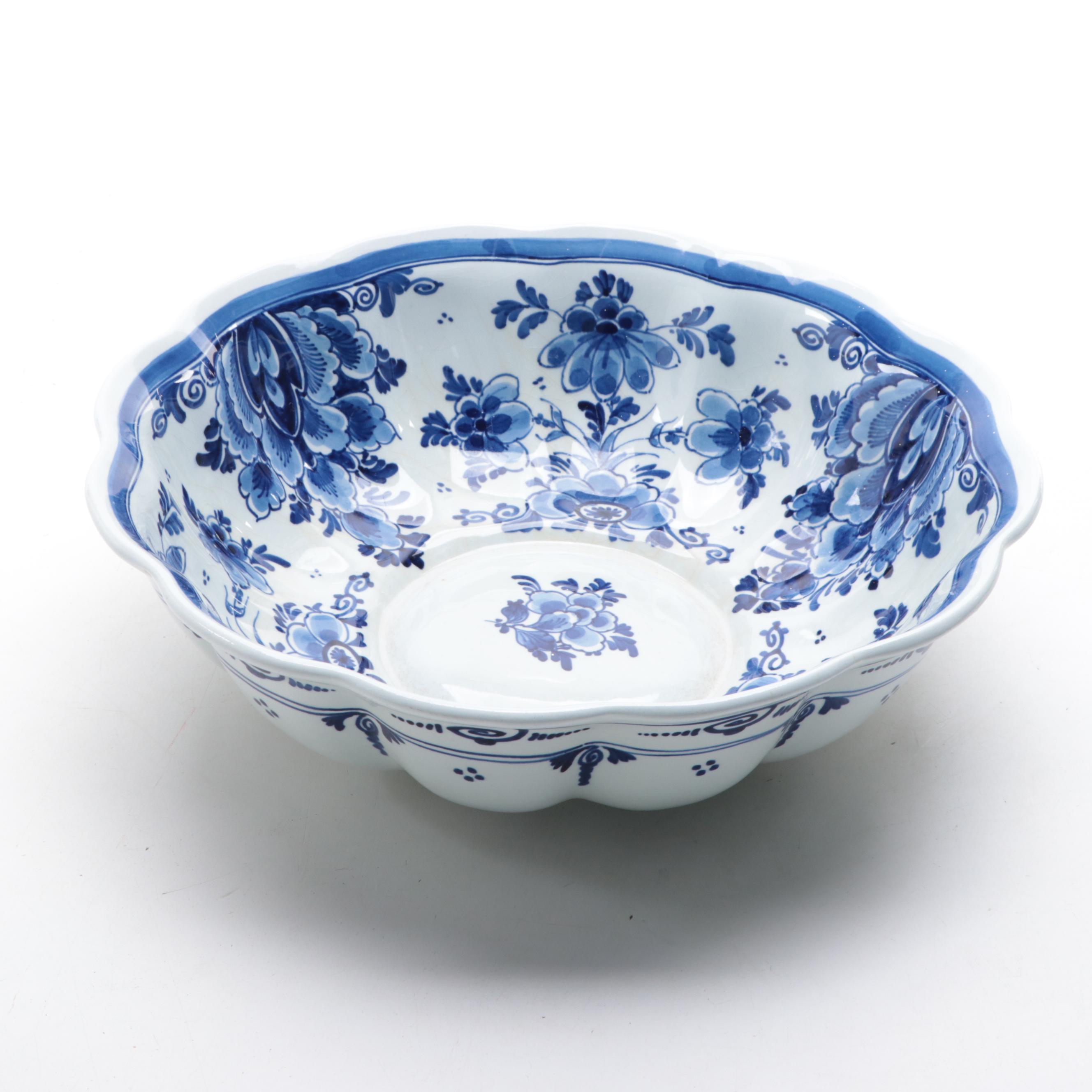 Delft Blue and White Porcelain Candlesticks and Bowl