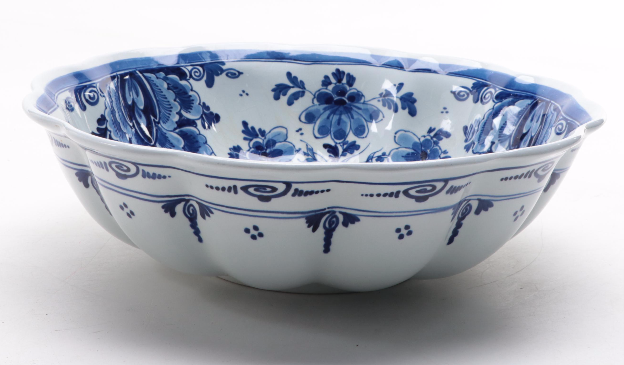 Delft Blue and White Porcelain Candlesticks and Bowl