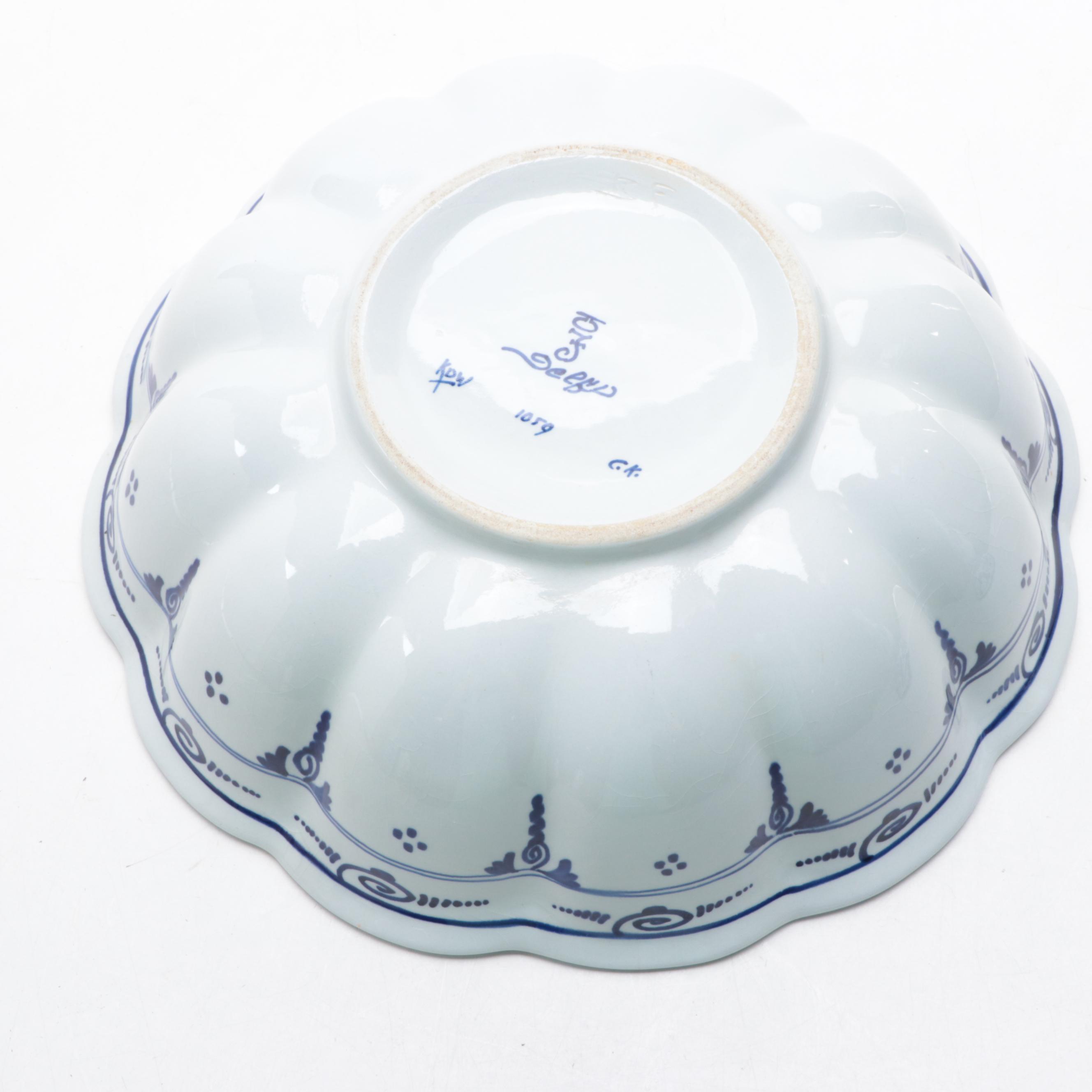 Delft Blue and White Porcelain Candlesticks and Bowl