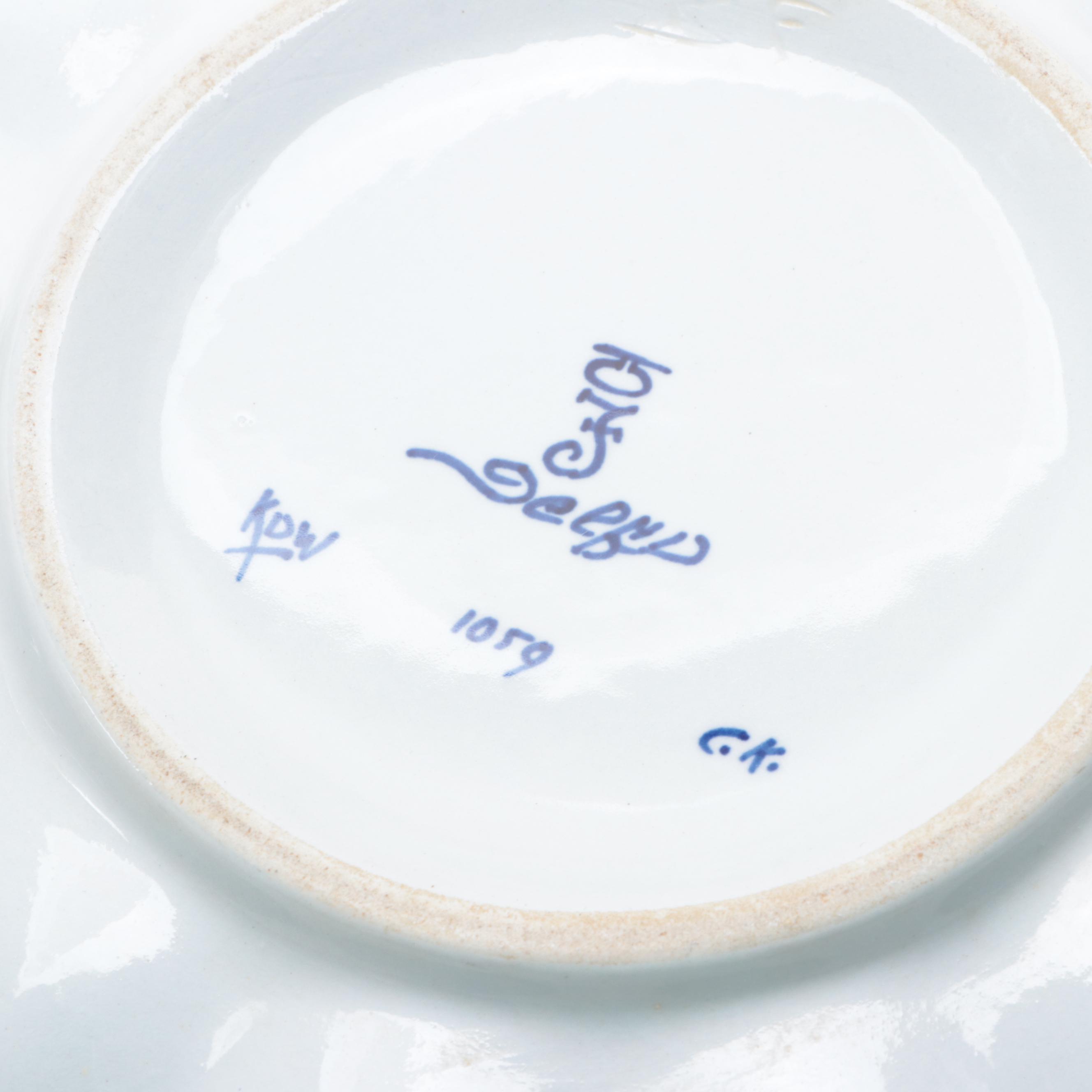 Delft Blue and White Porcelain Candlesticks and Bowl