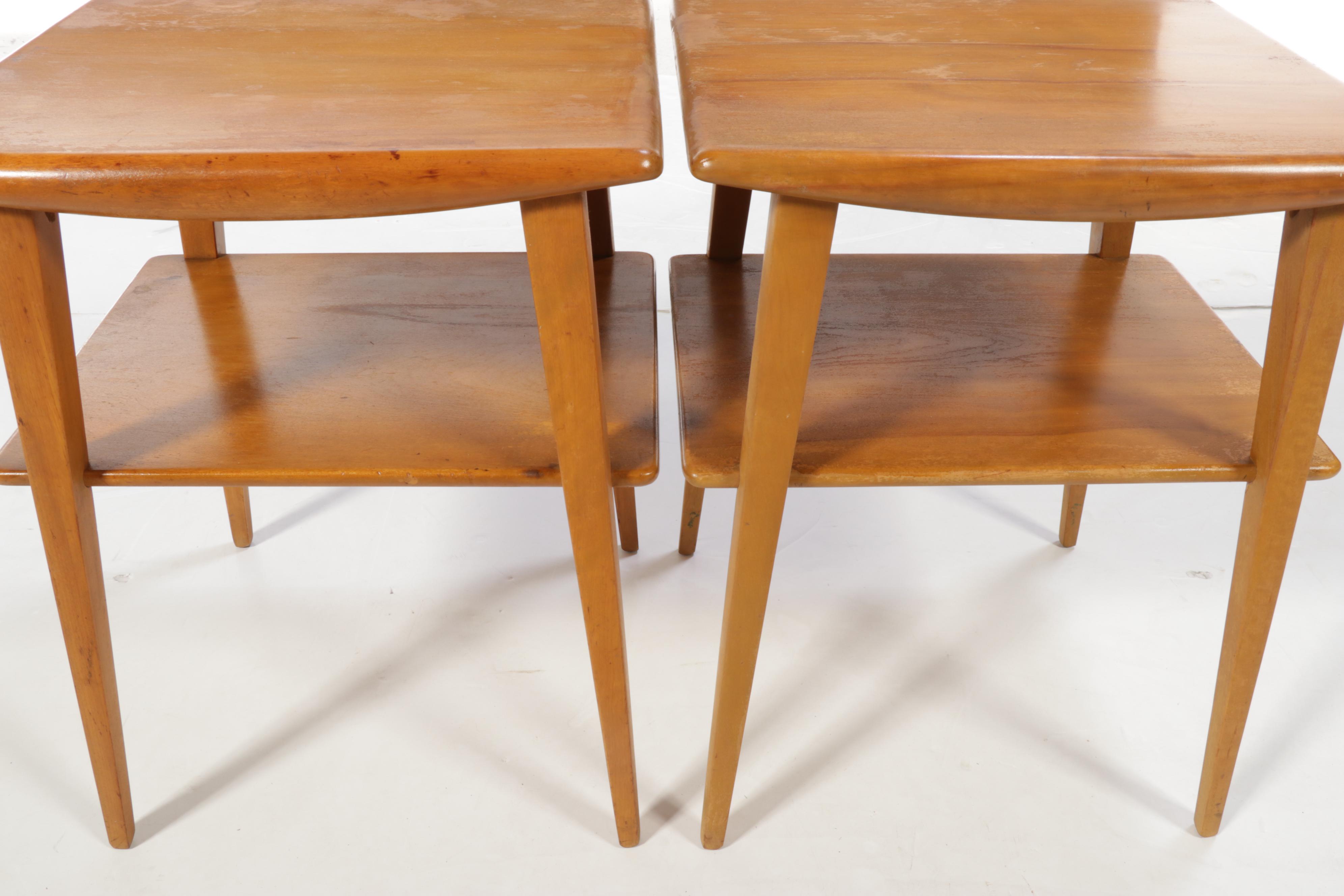 Pair of Heywood-Wakefield Mid Century Modern Blonde-Finish Tiered End Tables-