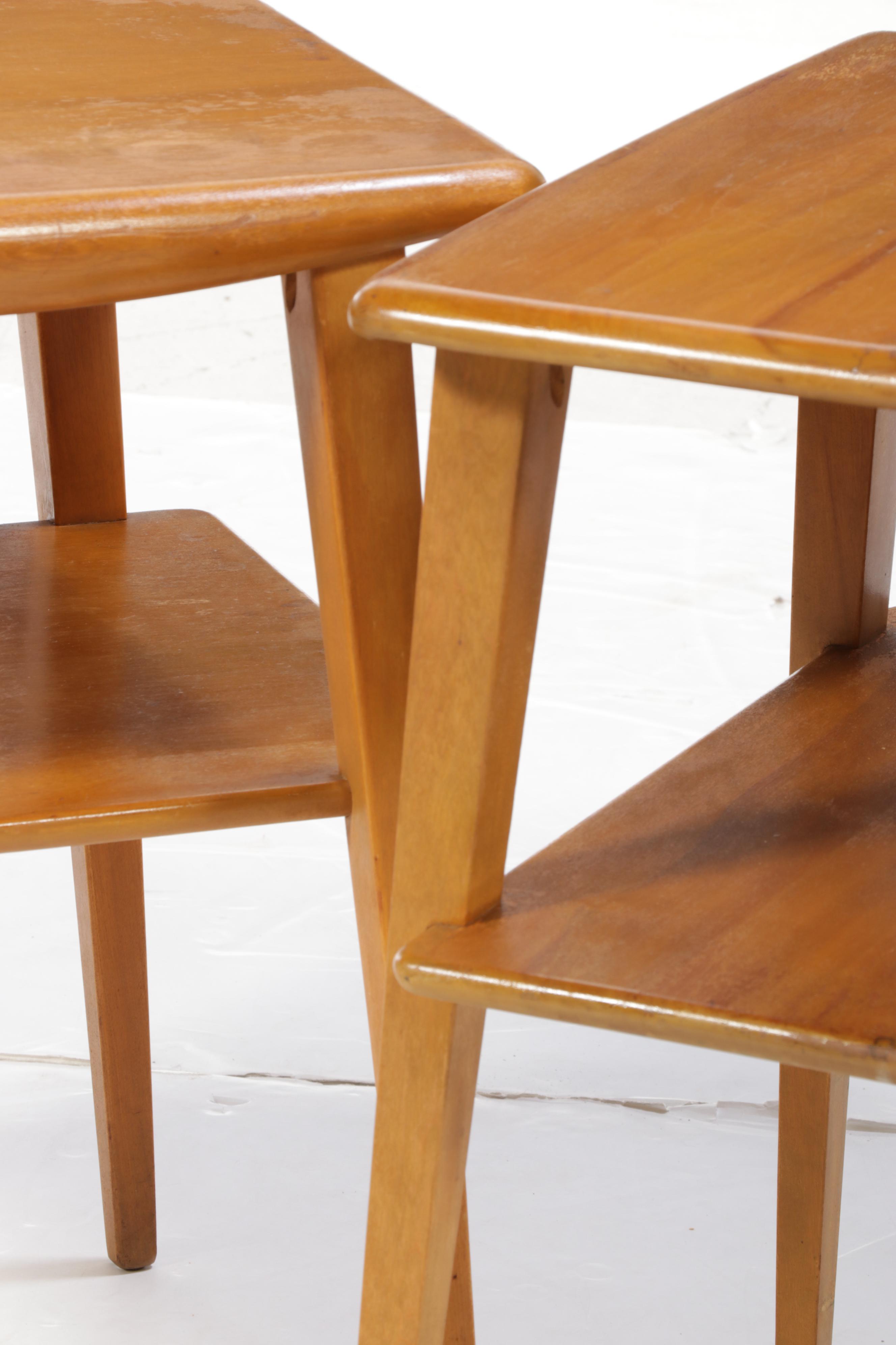 Pair of Heywood-Wakefield Mid Century Modern Blonde-Finish Tiered End Tables-