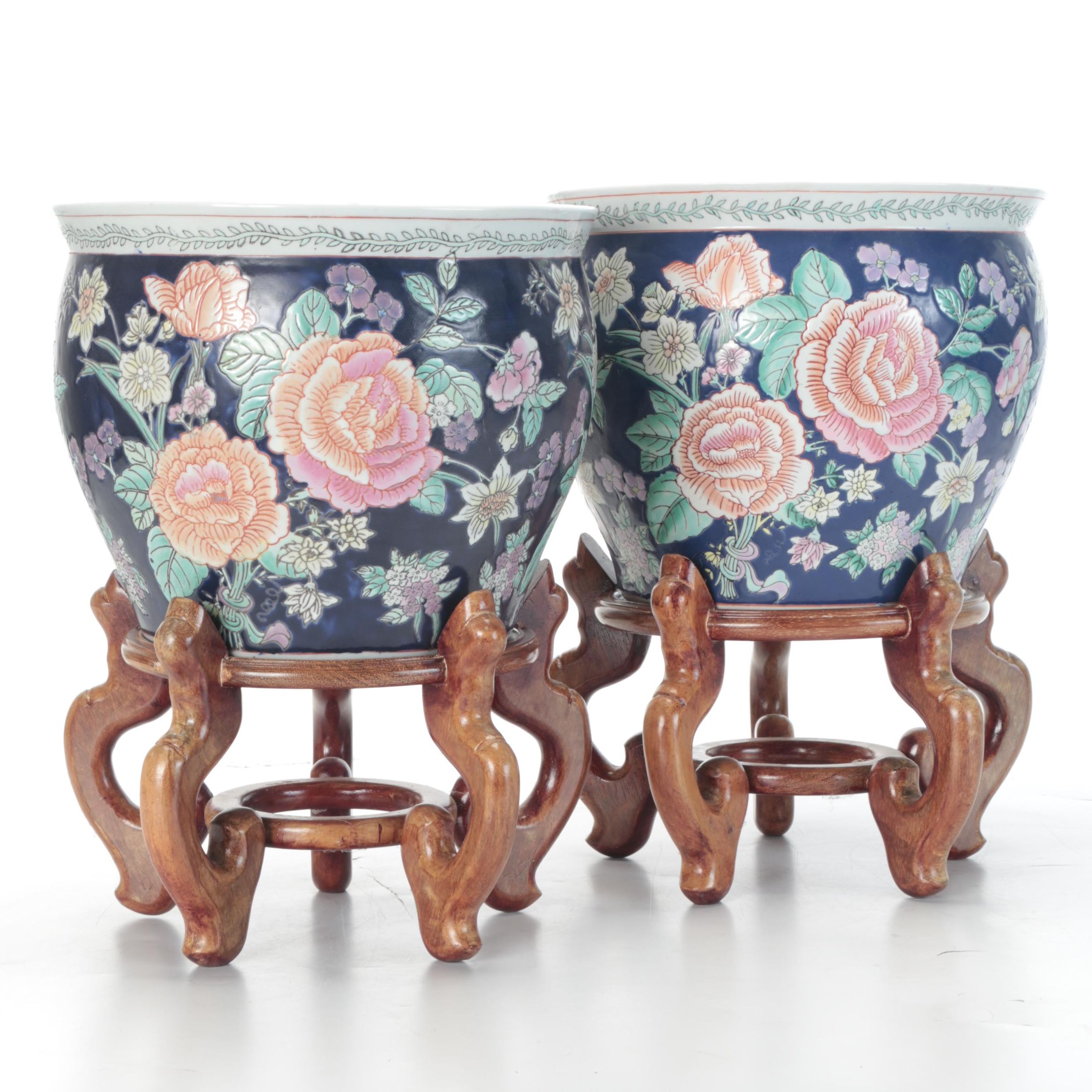 Chinese Hand-Decorated Ceramic Fish Bowl Planters on Wood Stands