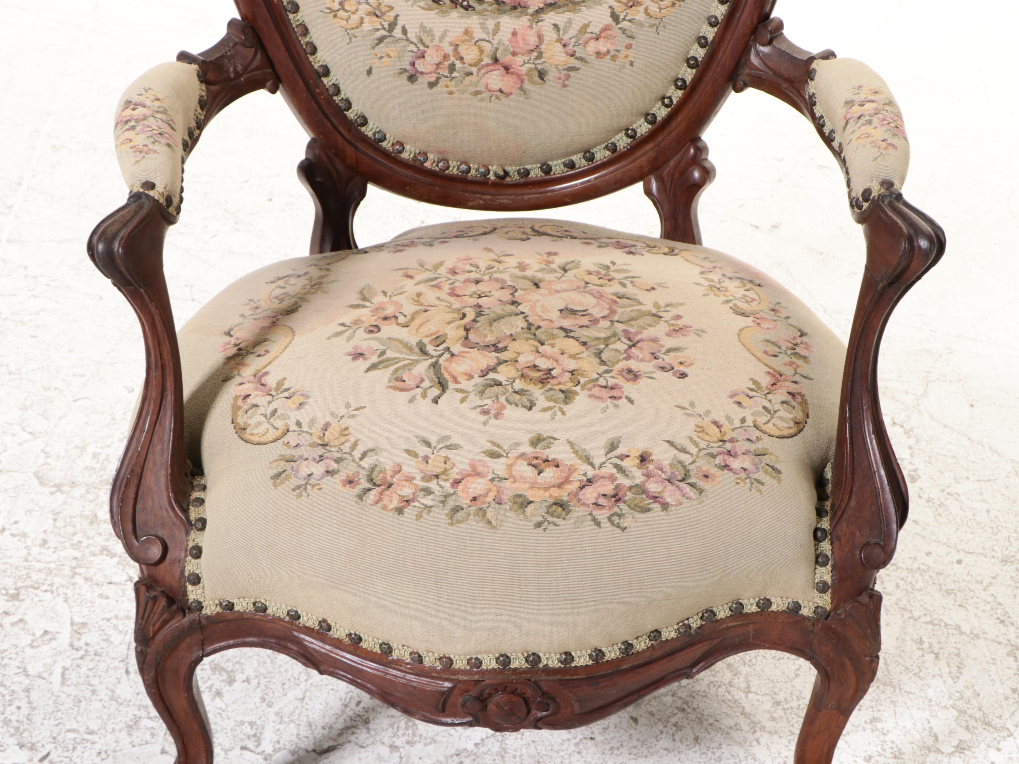 American Rococo Revival Carved Walnut and Custom-Upholstered Parlor Armchair
