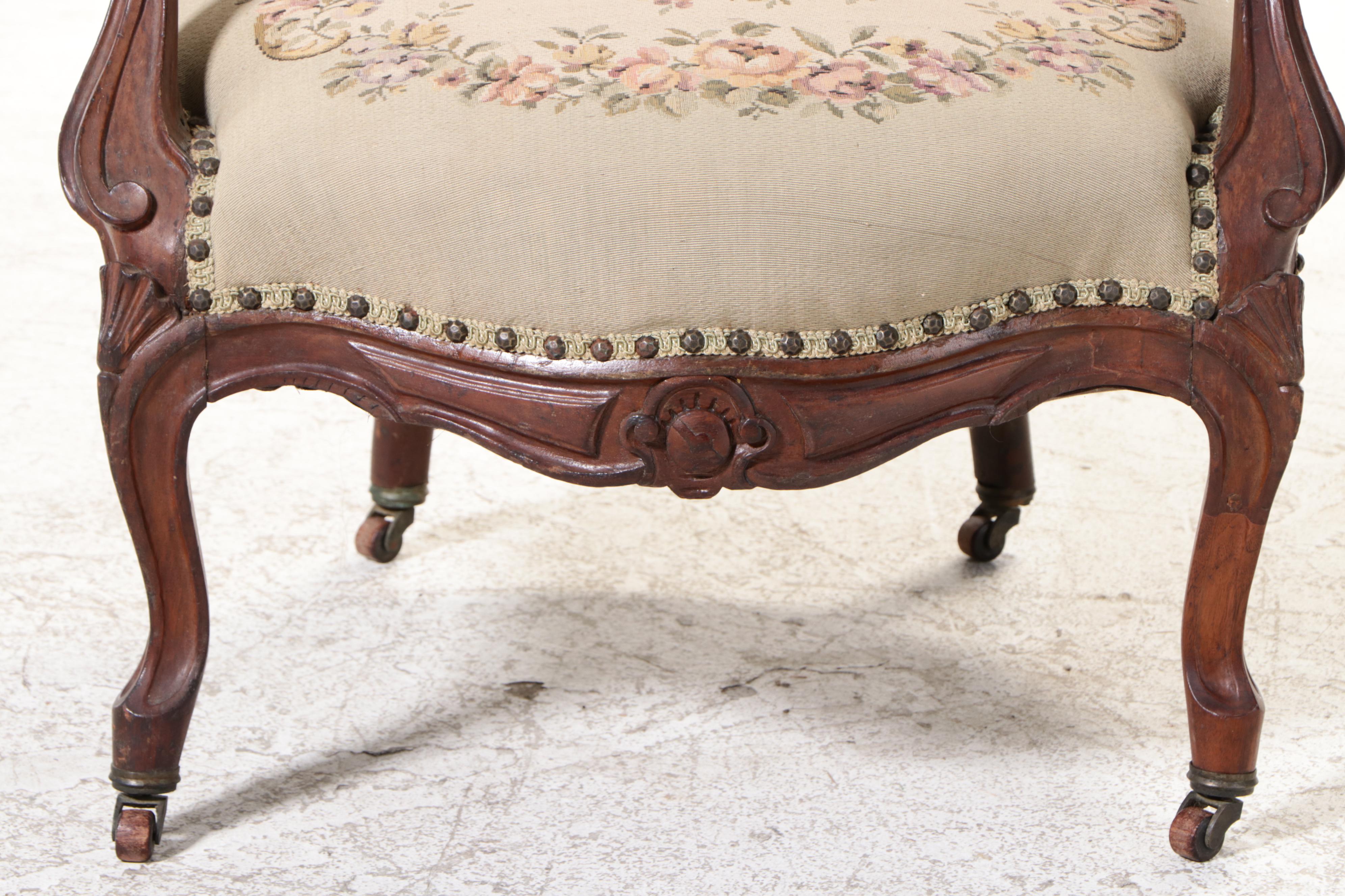 American Rococo Revival Carved Walnut and Custom-Upholstered Parlor Armchair