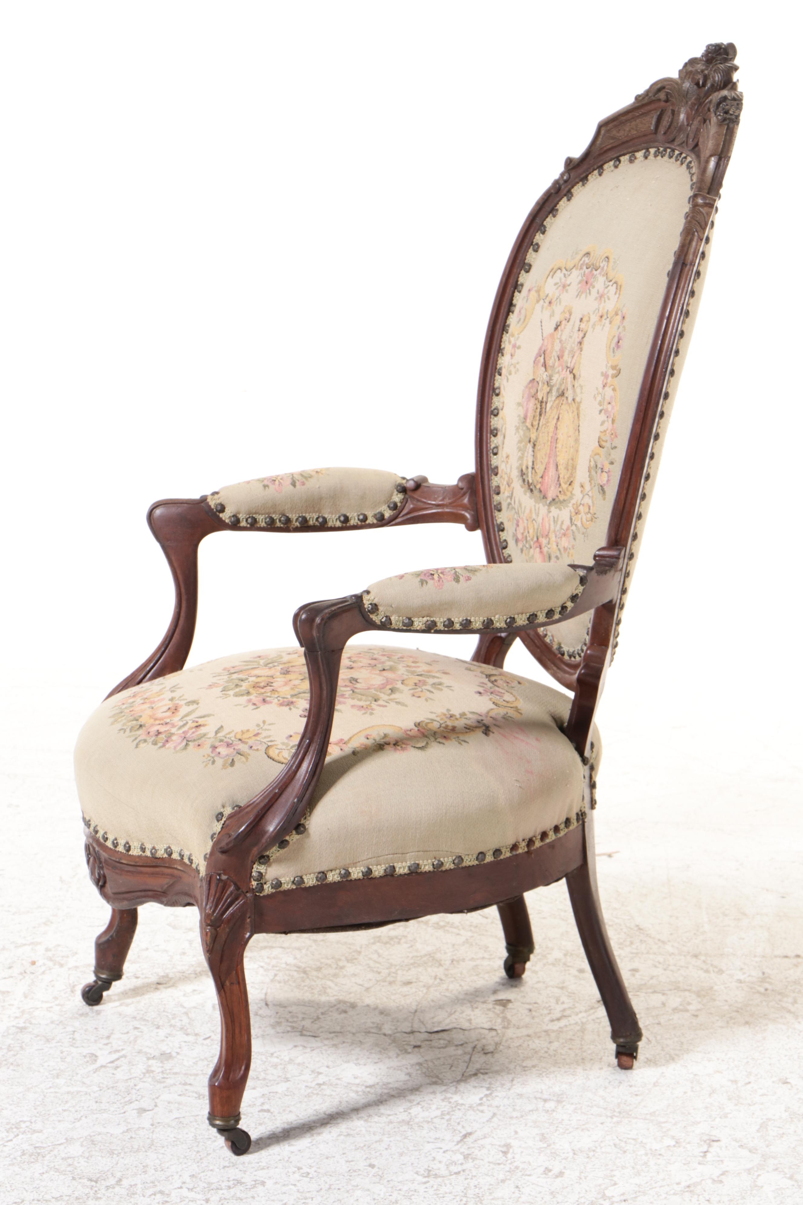 American Rococo Revival Carved Walnut and Custom-Upholstered Parlor Armchair