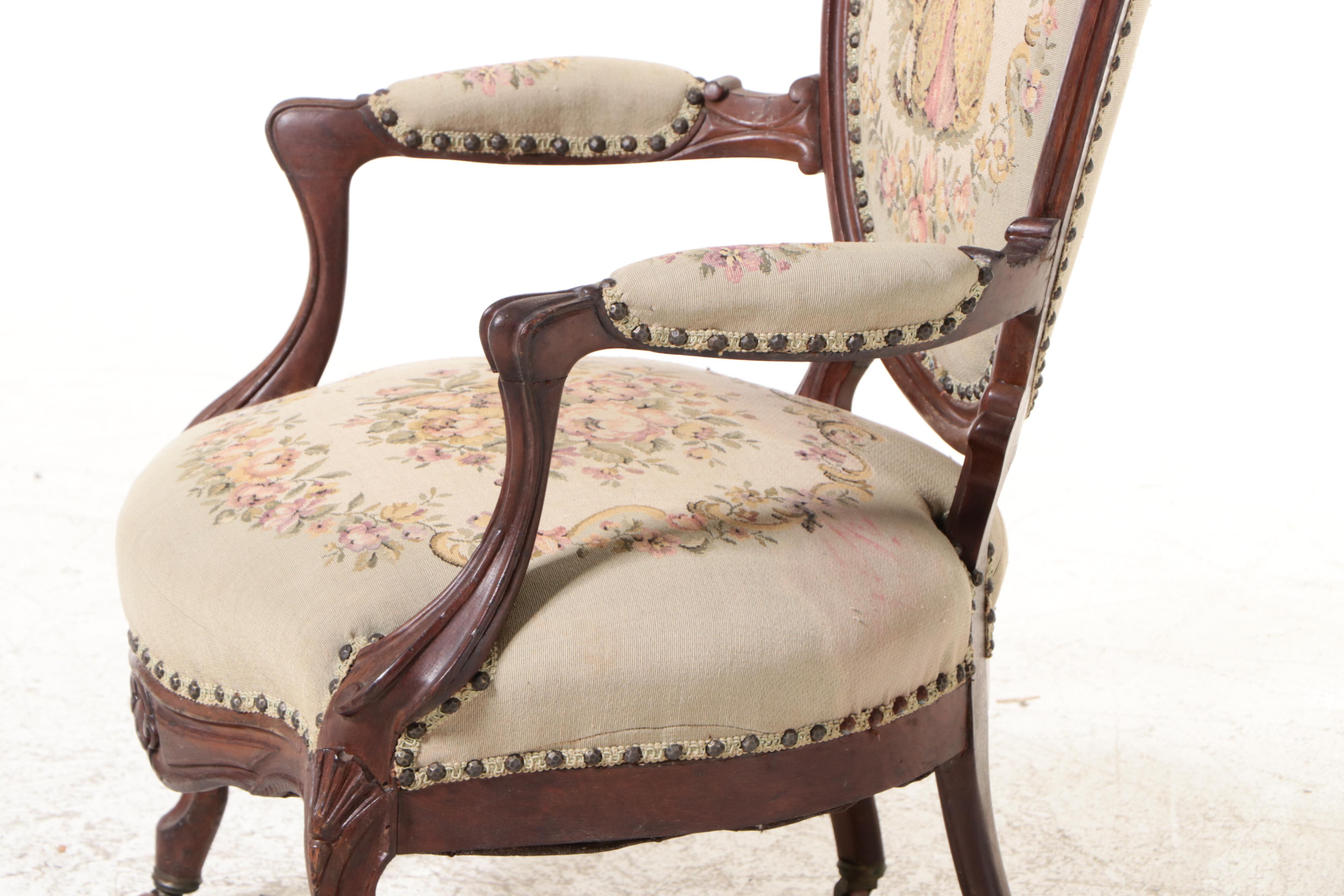 American Rococo Revival Carved Walnut and Custom-Upholstered Parlor Armchair