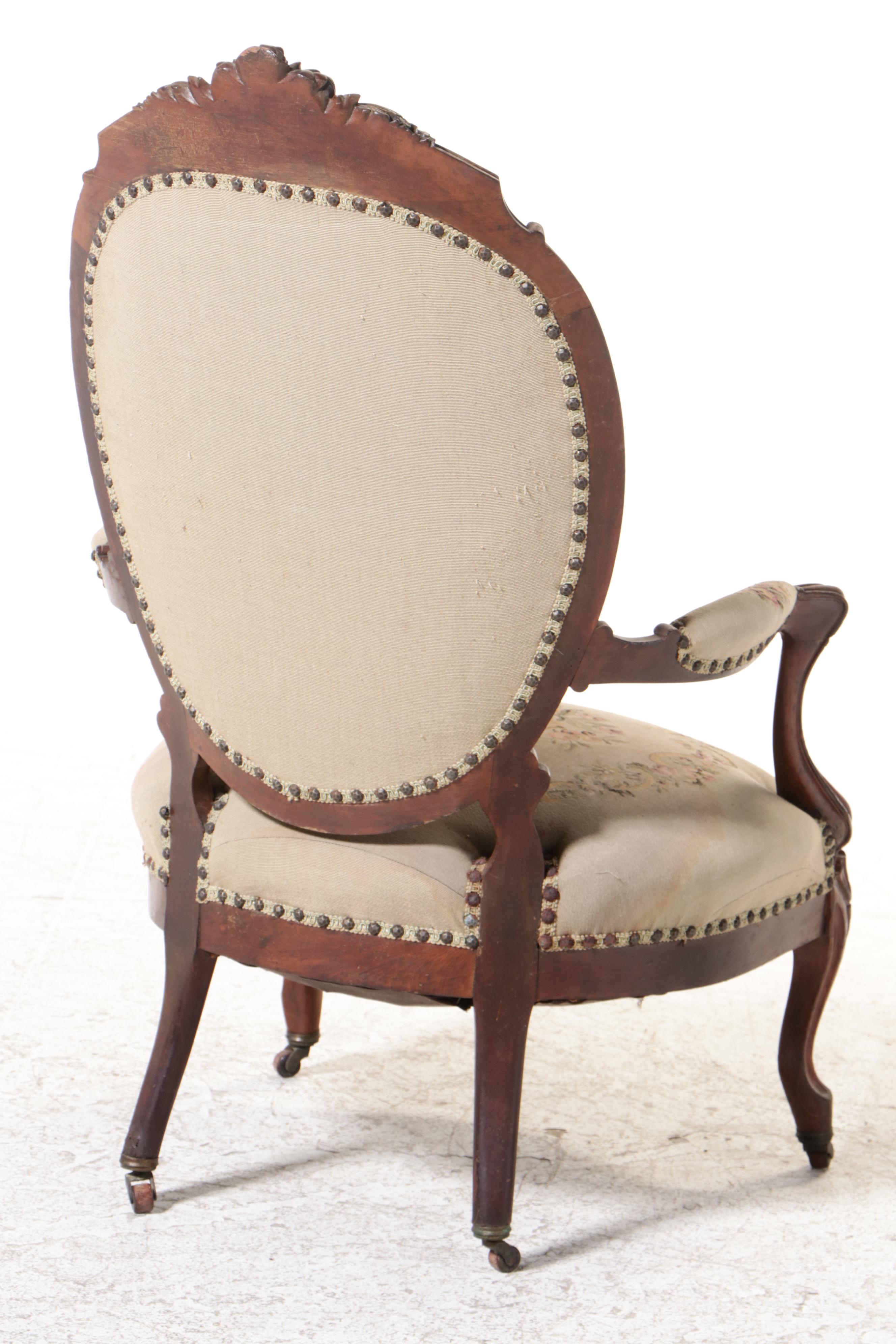American Rococo Revival Carved Walnut and Custom-Upholstered Parlor Armchair