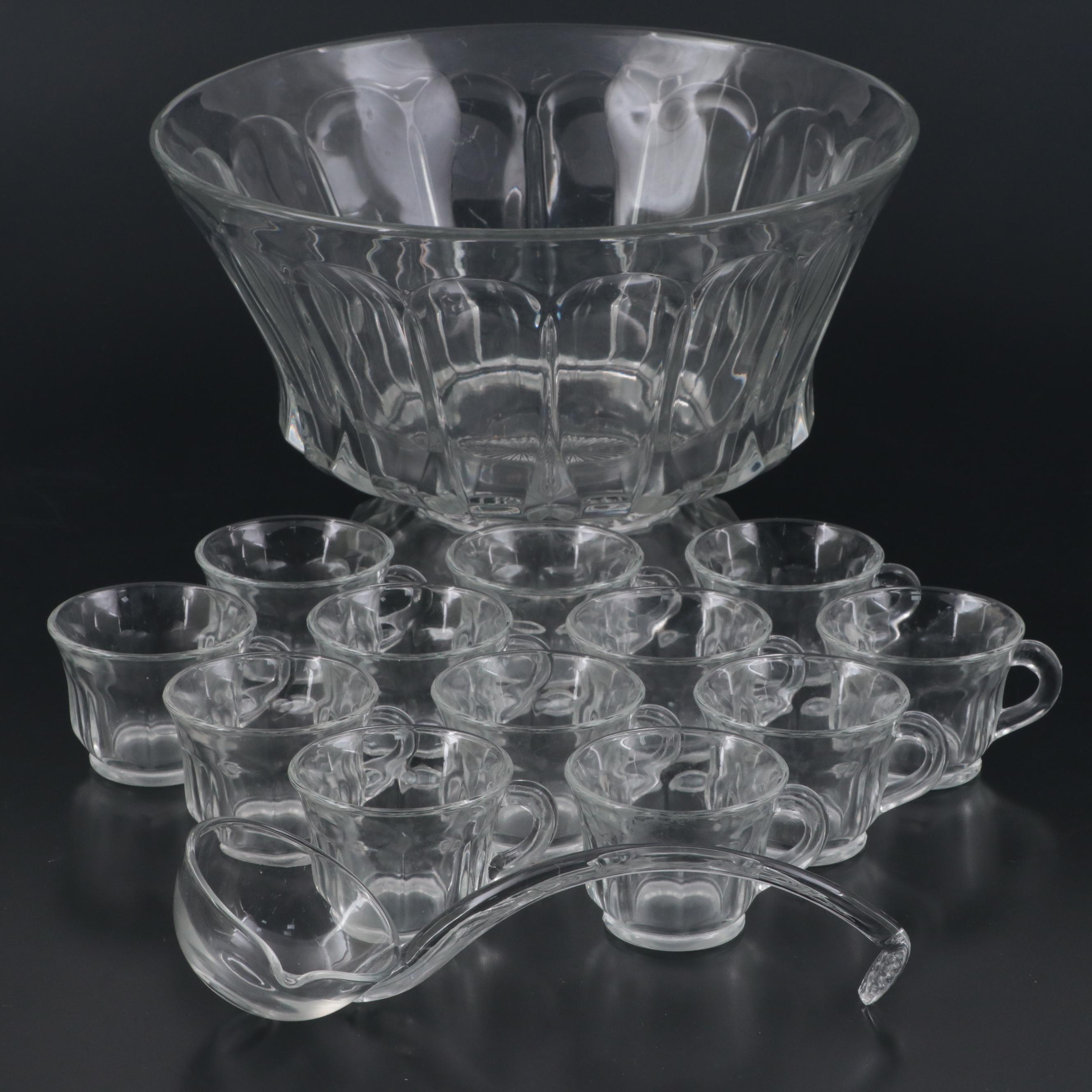 Colonial Style Footed Glass Punch Bowl and Glass Set, Mid20th Century Everything But The House