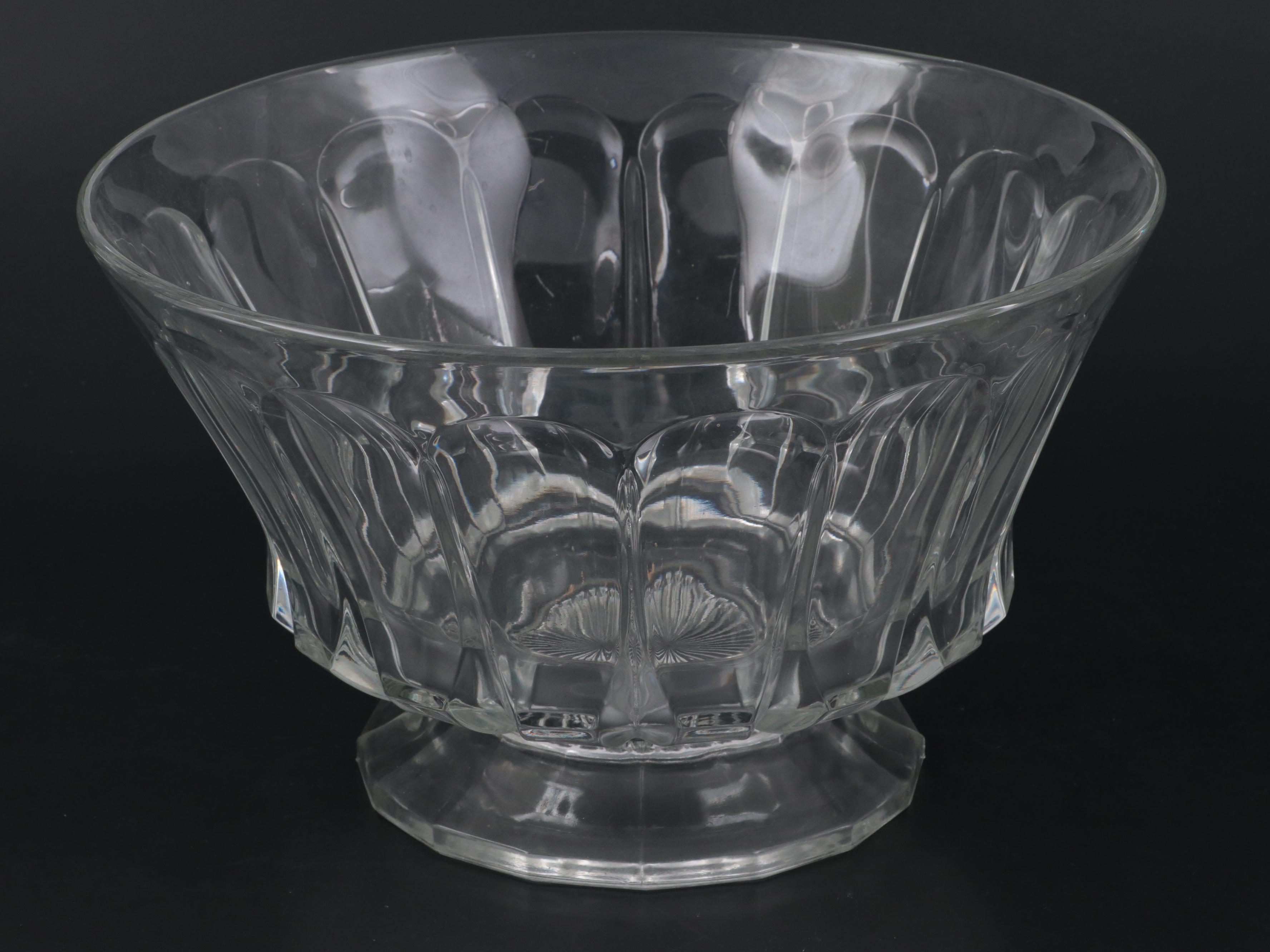 Colonial Style Footed Glass Punch Bowl and Glass Set, Mid20th Century Everything But The House