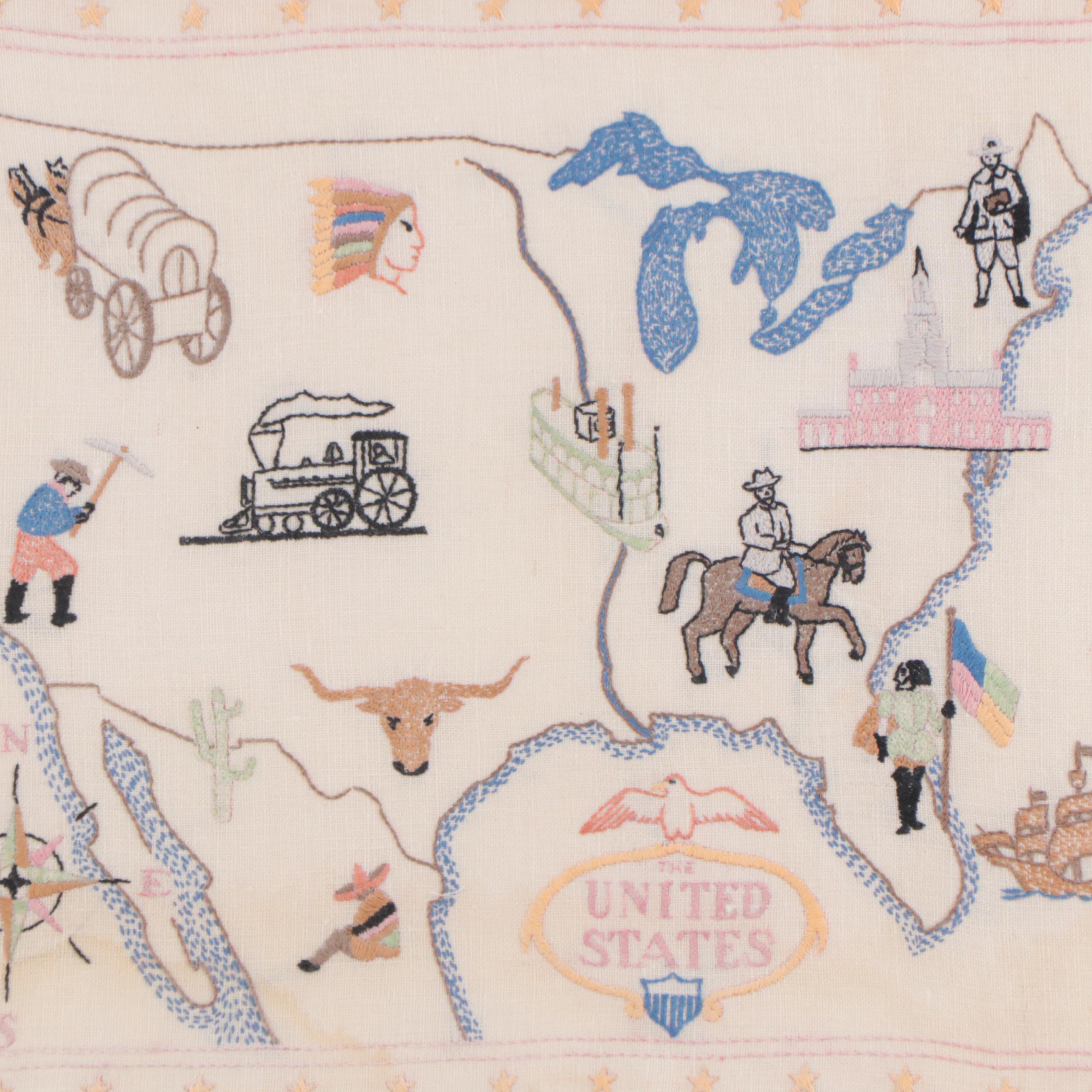 Handmade Embroidery Textile Map of the United States